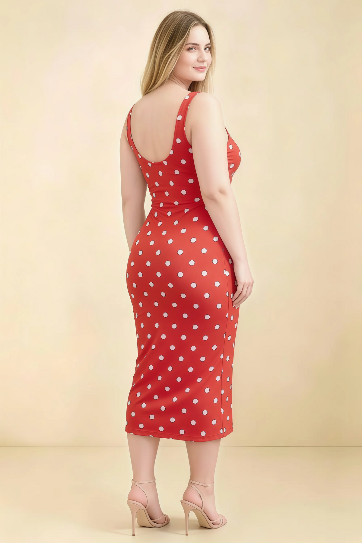 Alvina Red Polka Dot Scoop Neck Bodycon Midi Dress