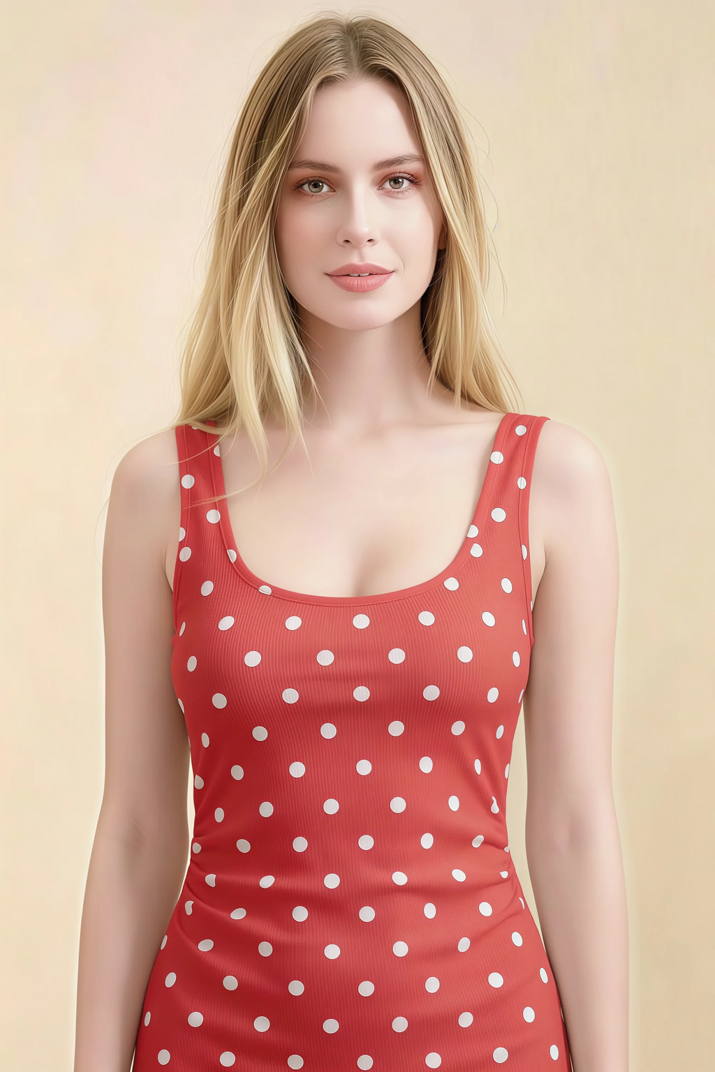 Alvina Red Polka Dot Scoop Neck Bodycon Midi Dress