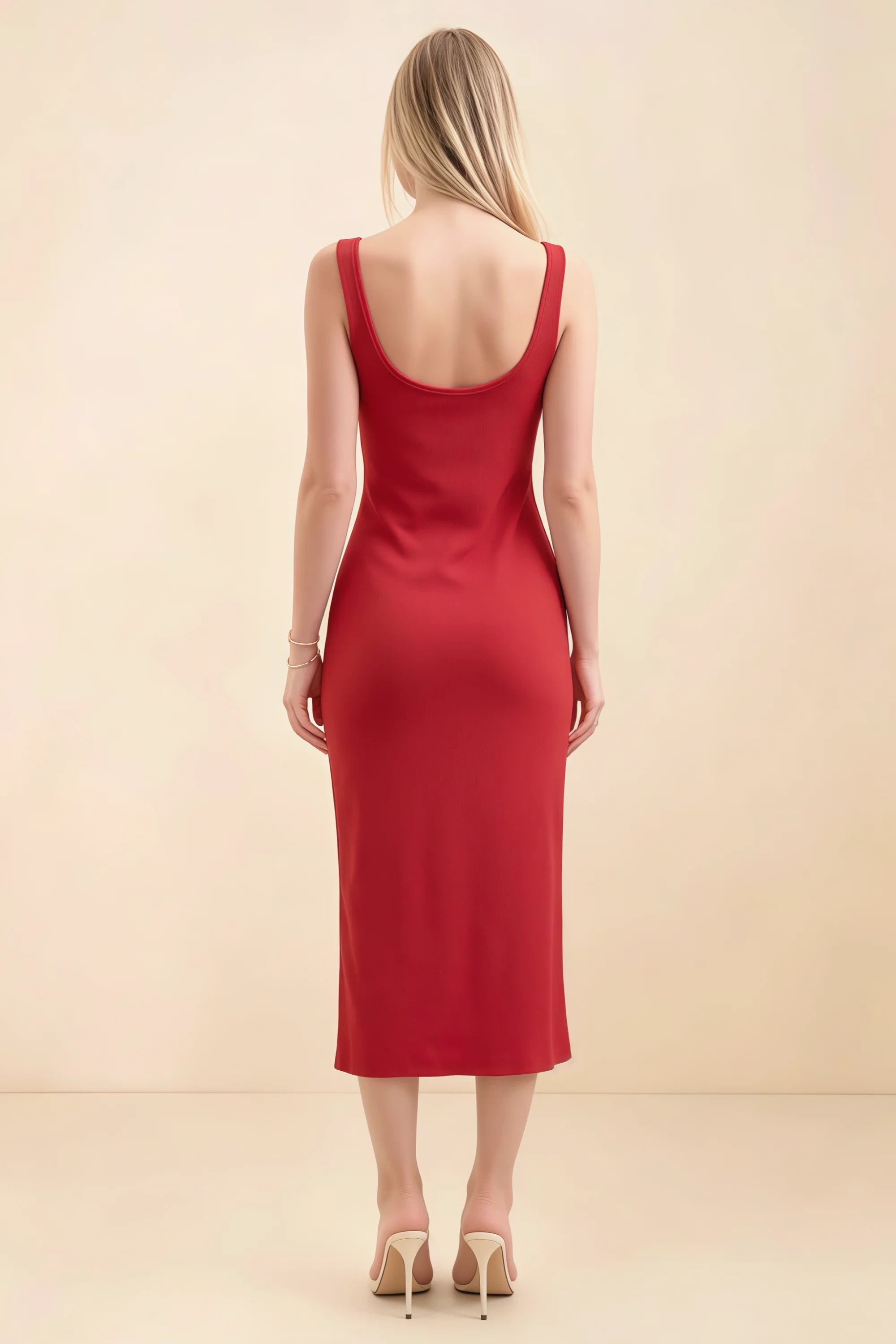 Alvina Red Scoop Neck Bodycon Midi Dress Imagen secundaria del producto