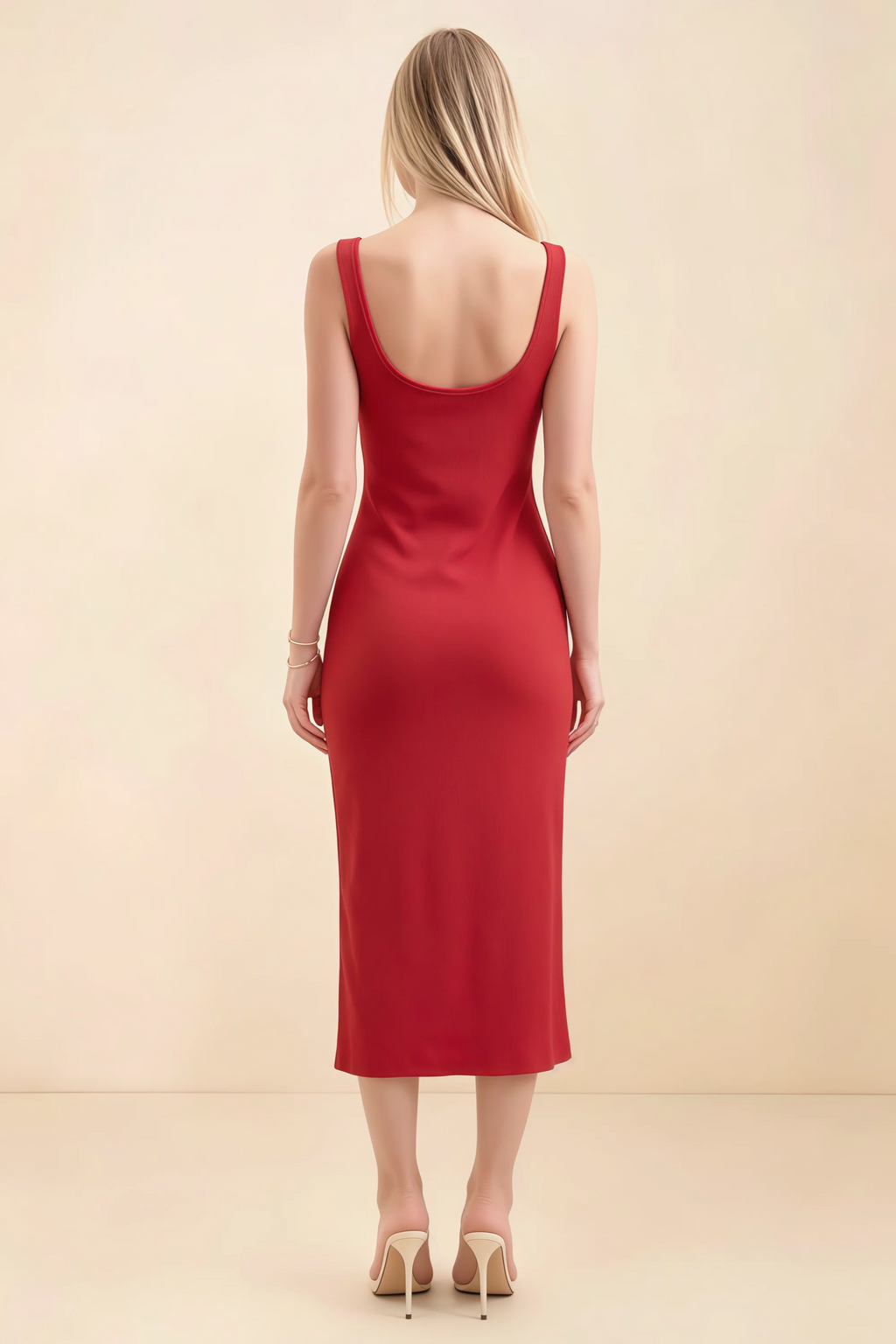 Alvina Red Scoop Neck Bodycon Midi Dress