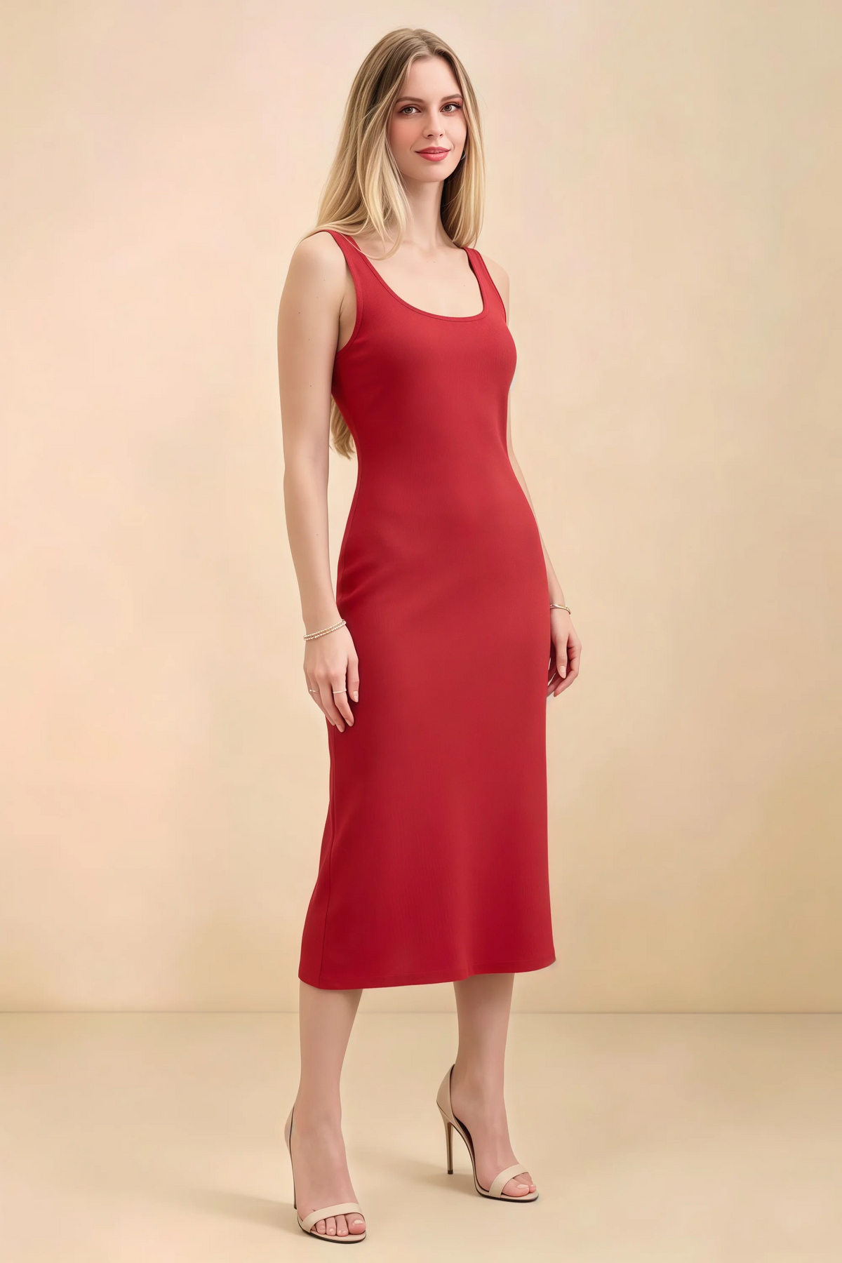 Alvina Red Scoop Neck Bodycon Midi Dress