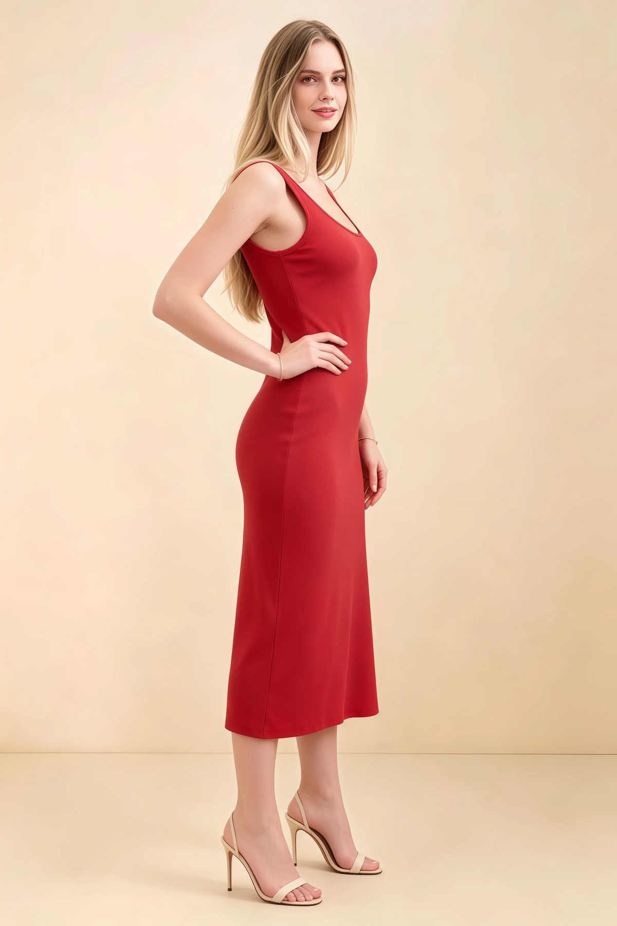 Alvina Red Scoop Neck Bodycon Midi Dress