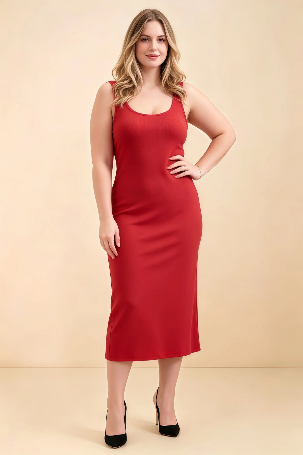 Alvina Red Scoop Neck Bodycon Midi Dress