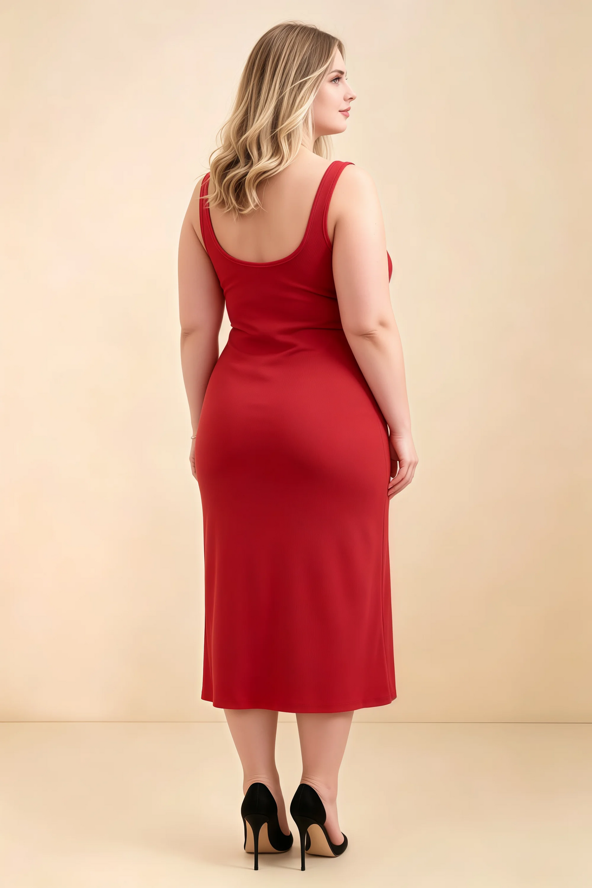 Alvina Red Scoop Neck Bodycon Midi Dress