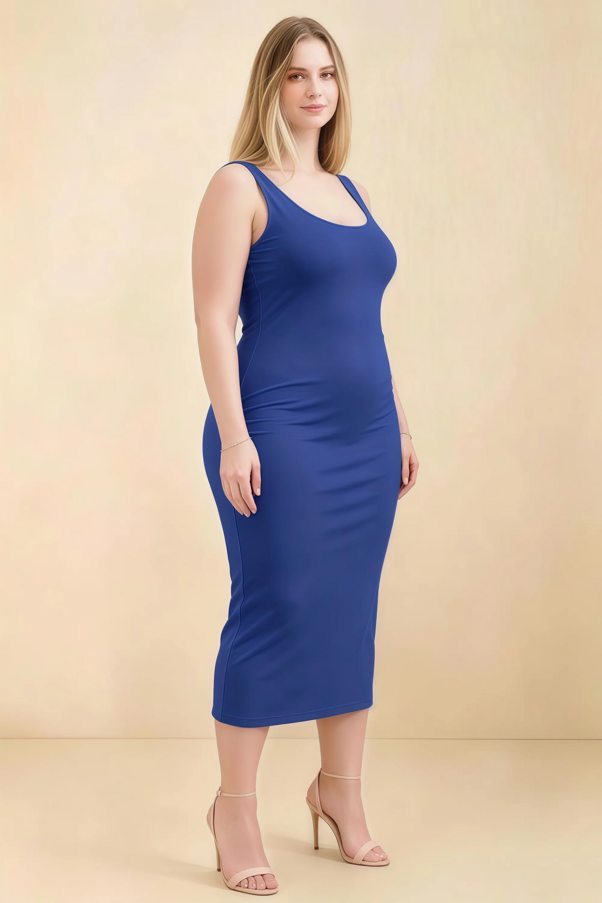 Alvina Royal Blue Scoop Neck Bodycon Midi Dress