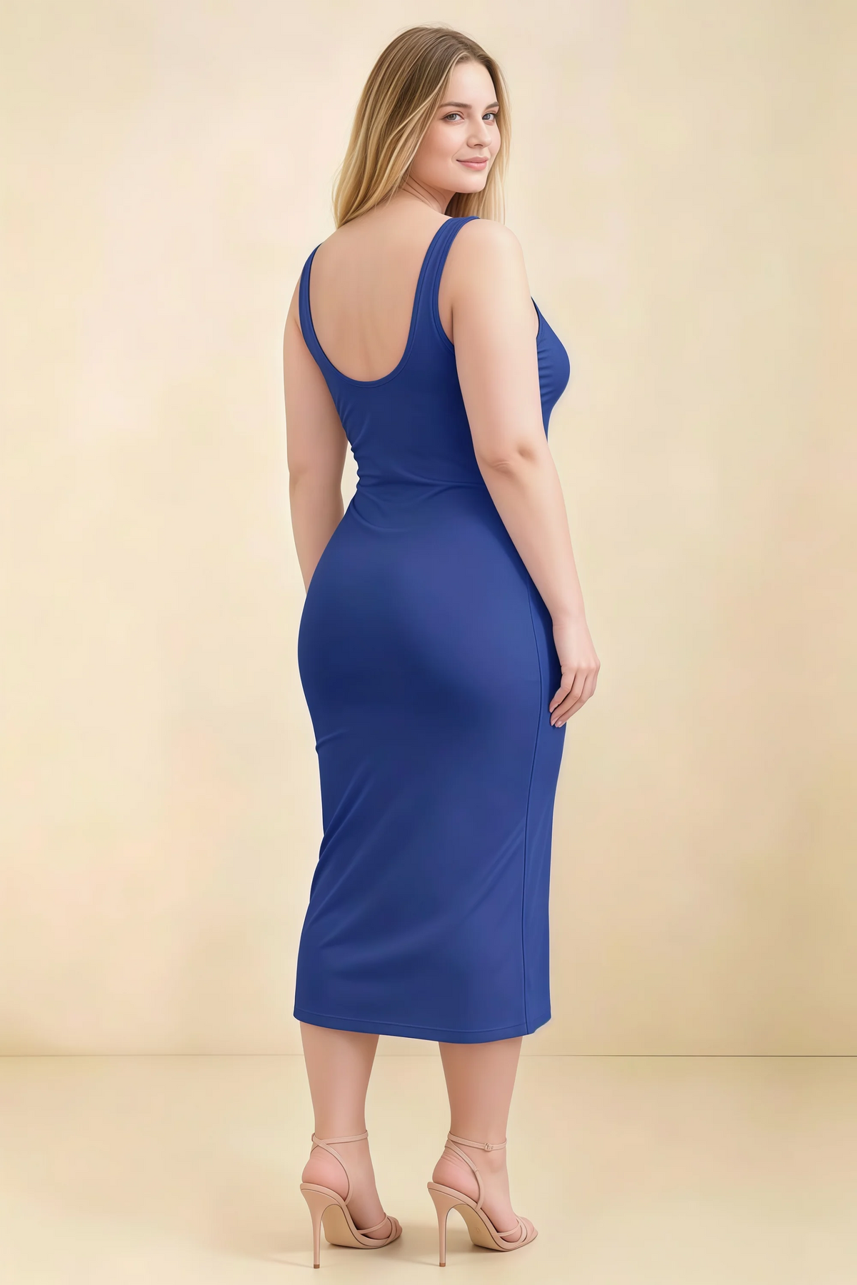 Alvina Royal Blue Scoop Neck Bodycon Midi Dress