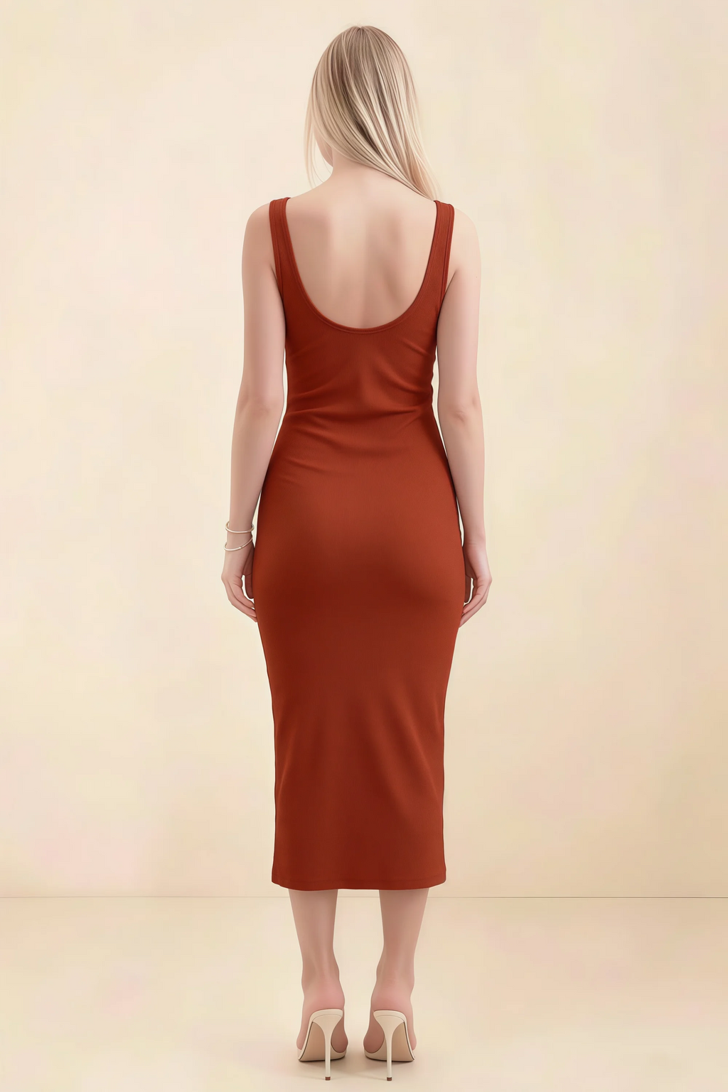 Alvina Rust Scoop Neck Bodycon Midi Dress