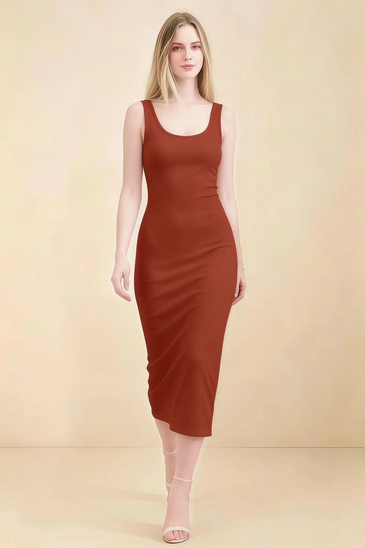 Alvina Rust Scoop Neck Bodycon Midi Dress