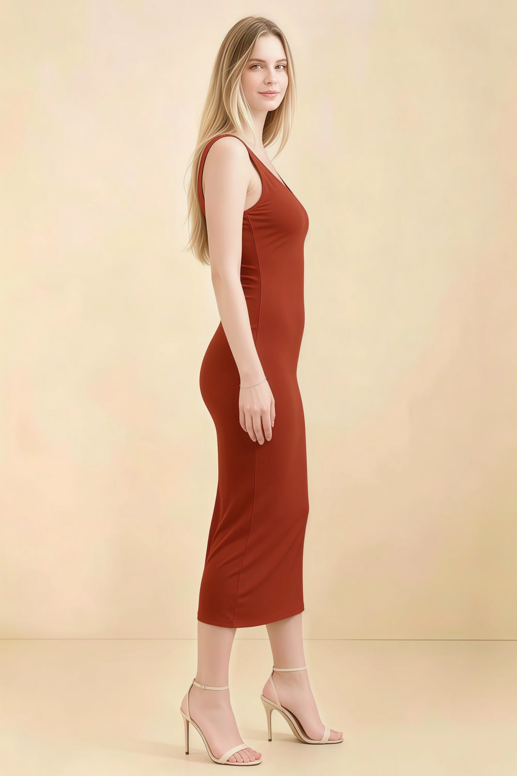 Alvina Rust Scoop Neck Bodycon Midi Dress