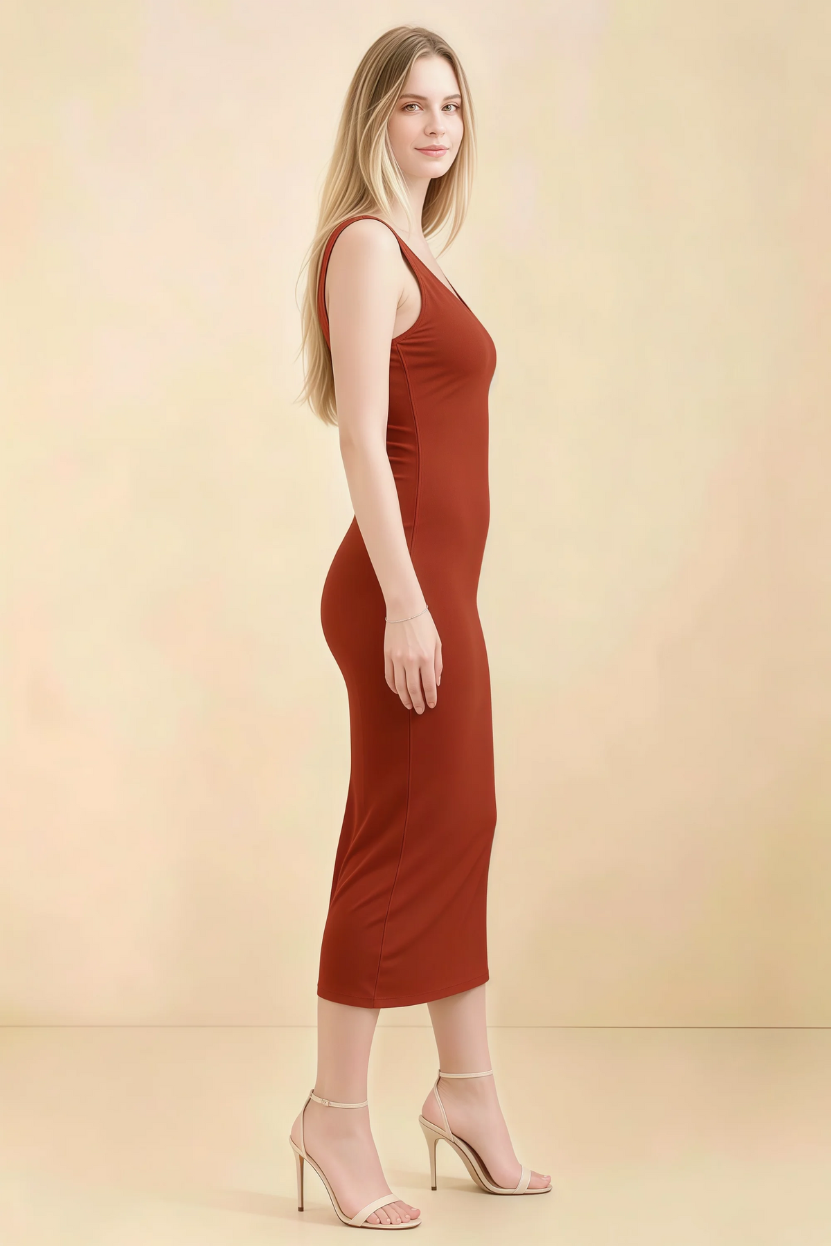 Alvina Rust Scoop Neck Bodycon Midi Dress