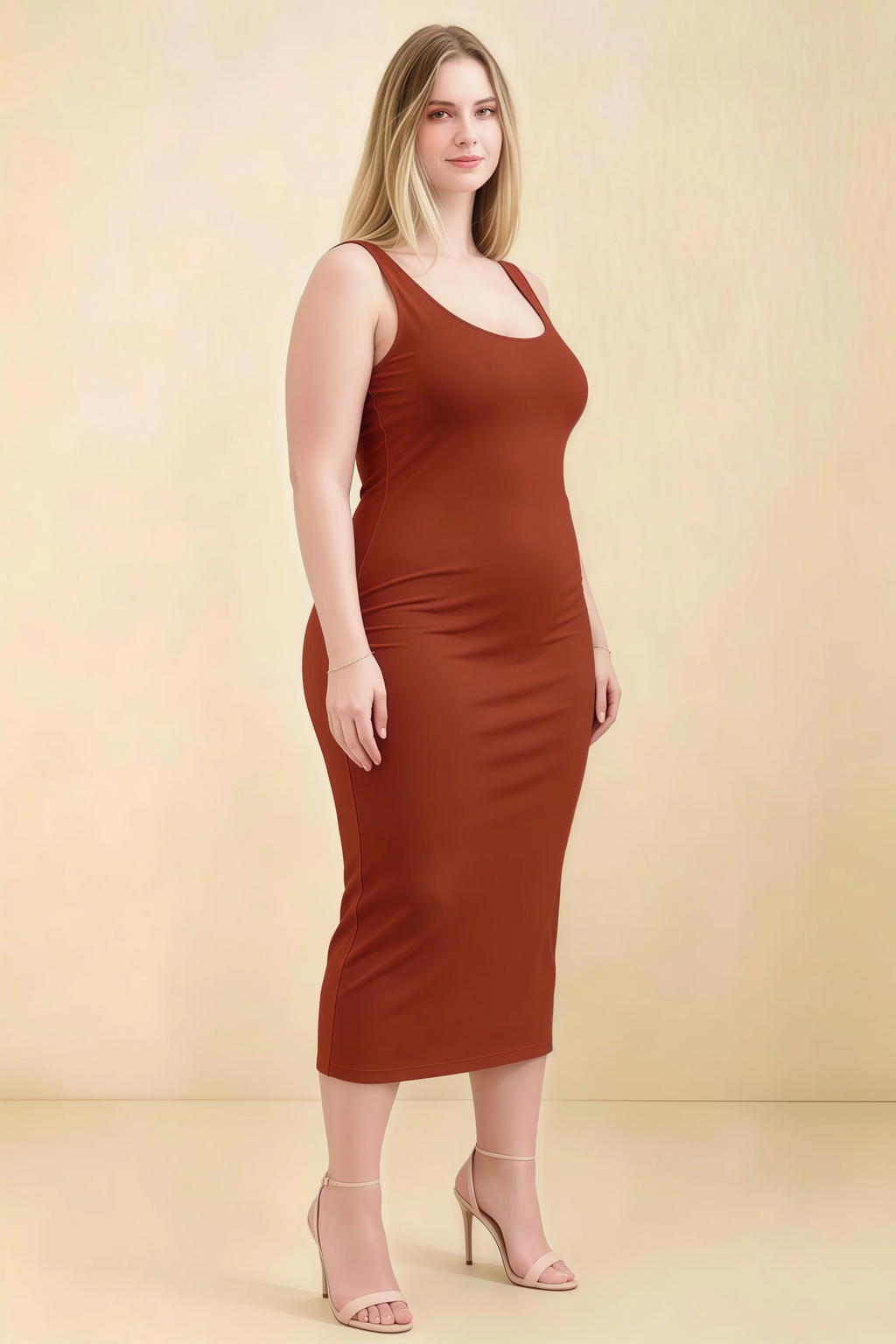 Alvina Rust Scoop Neck Bodycon Midi Dress