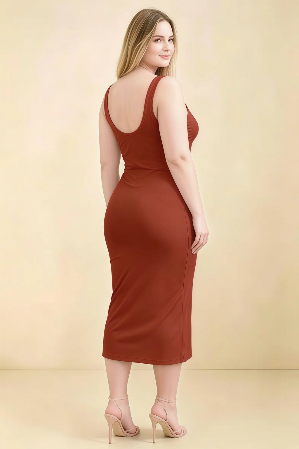 Alvina Rust Scoop Neck Bodycon Midi Dress