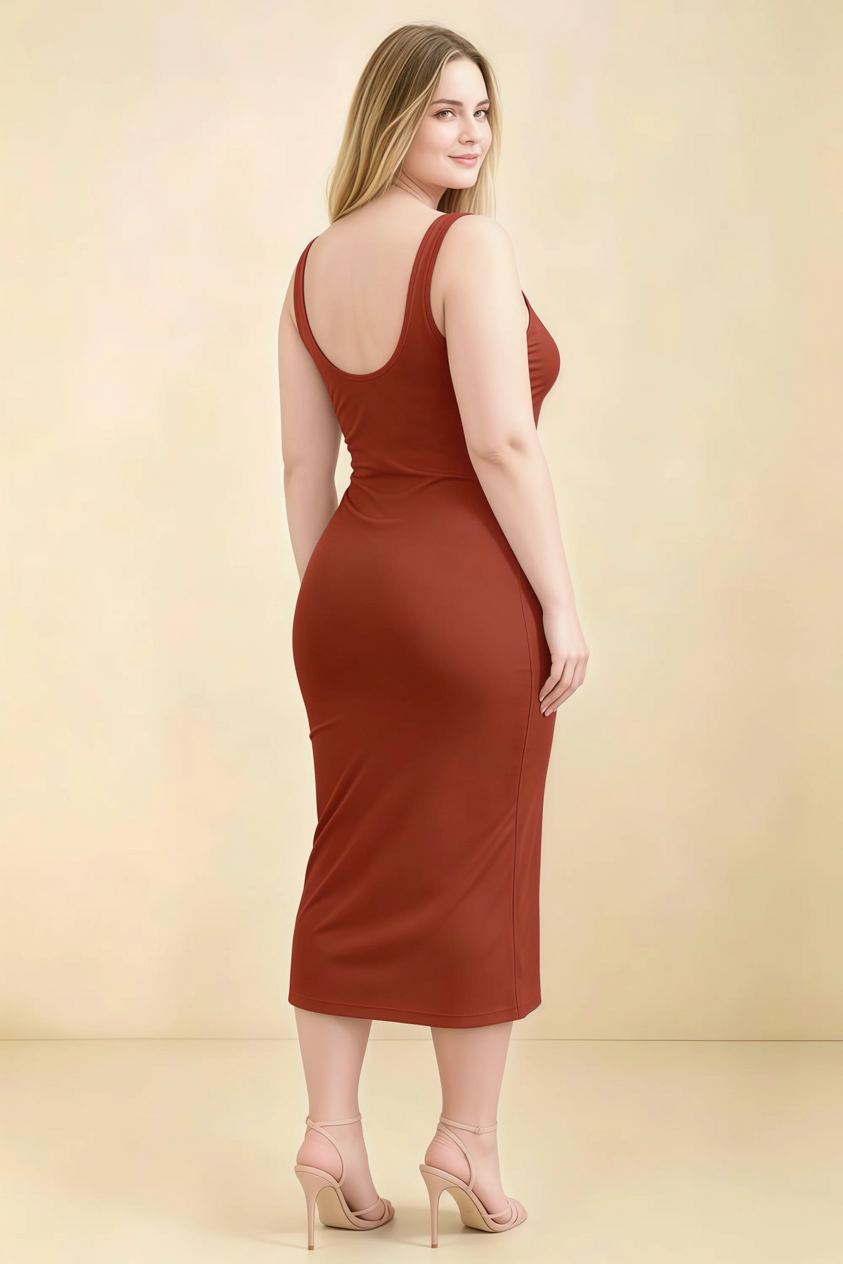 Alvina Rust Scoop Neck Bodycon Midi Dress
