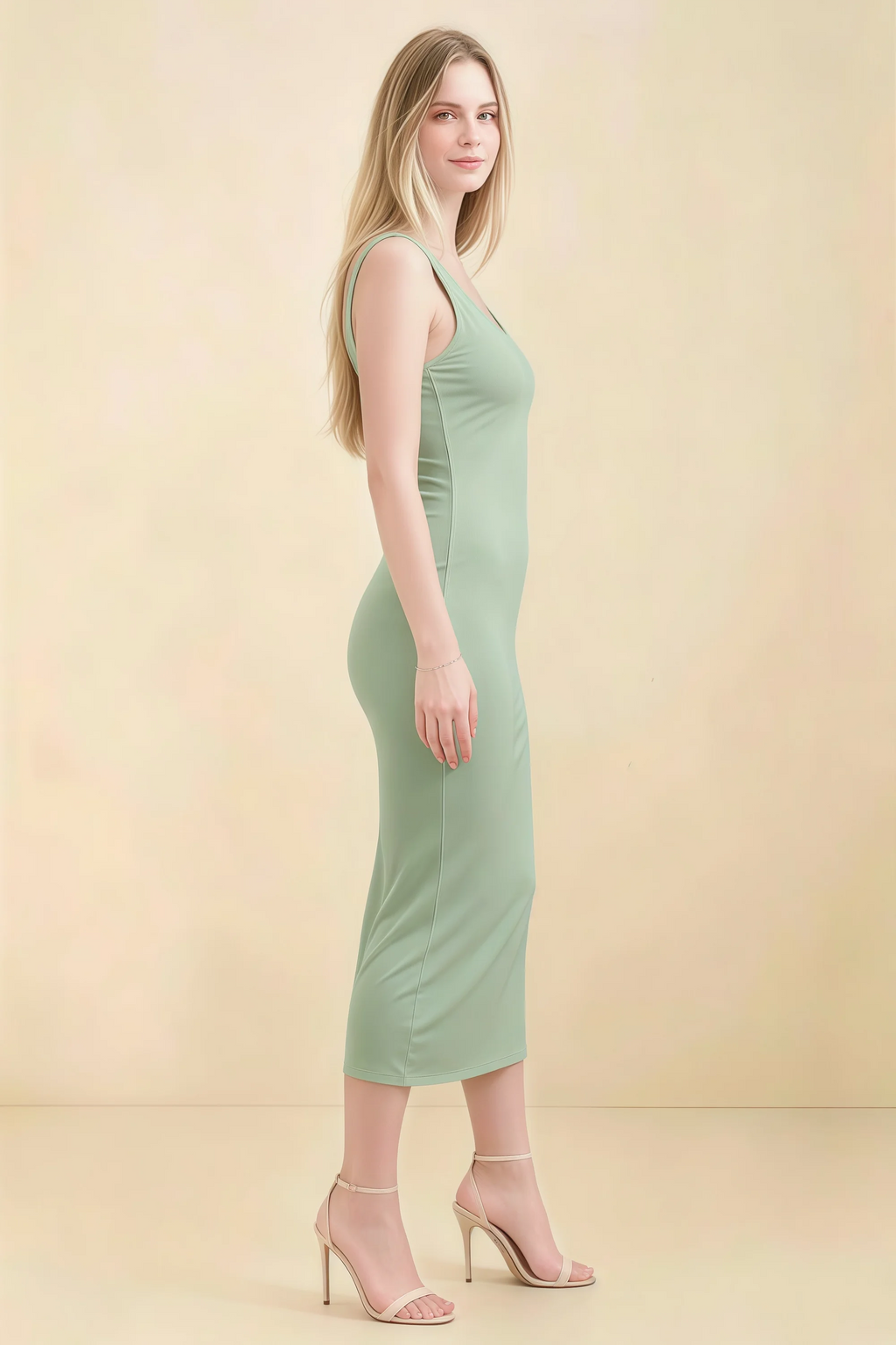 Alvina Sage Green Scoop Neck Bodycon Midi Dress