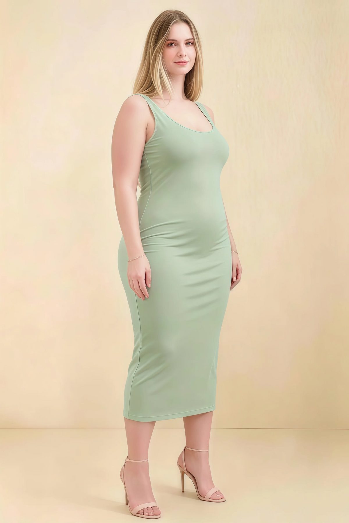 Alvina Sage Green Scoop Neck Bodycon Midi Dress