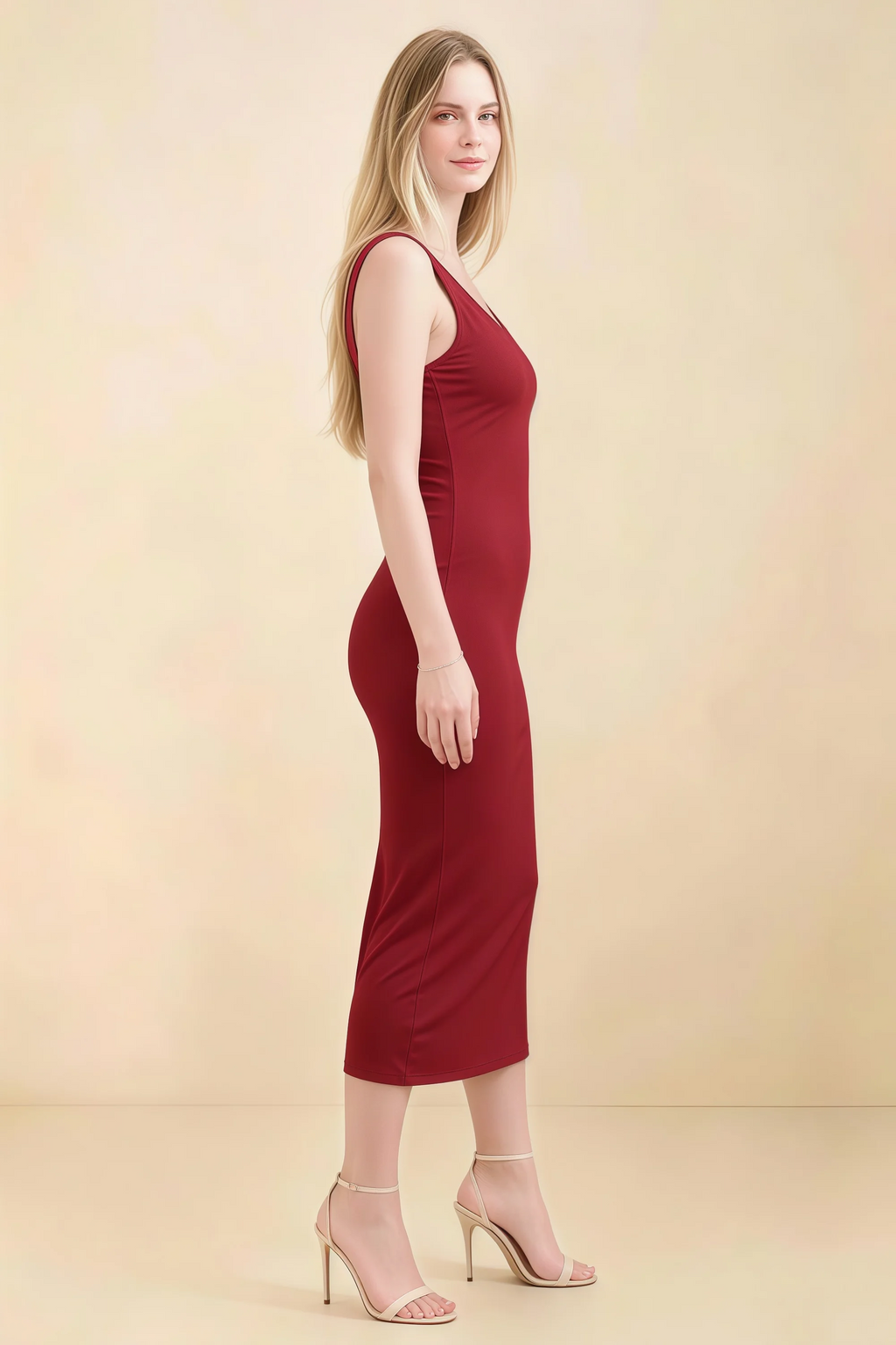 Alvina Scarlet Scoop Neck Bodycon Midi Dress