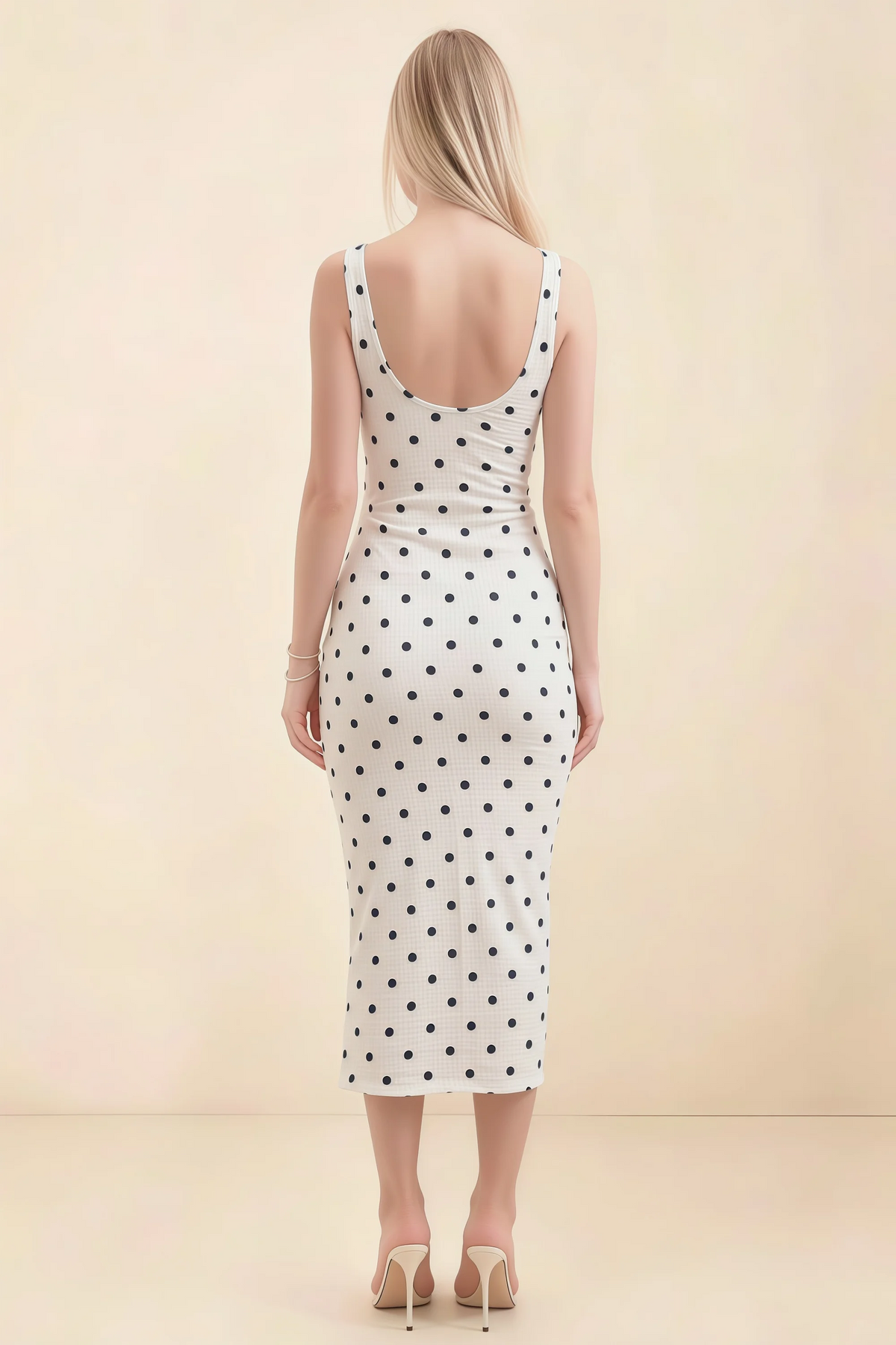 Alvina White Polka Dot Scoop Neck Bodycon Midi Dress