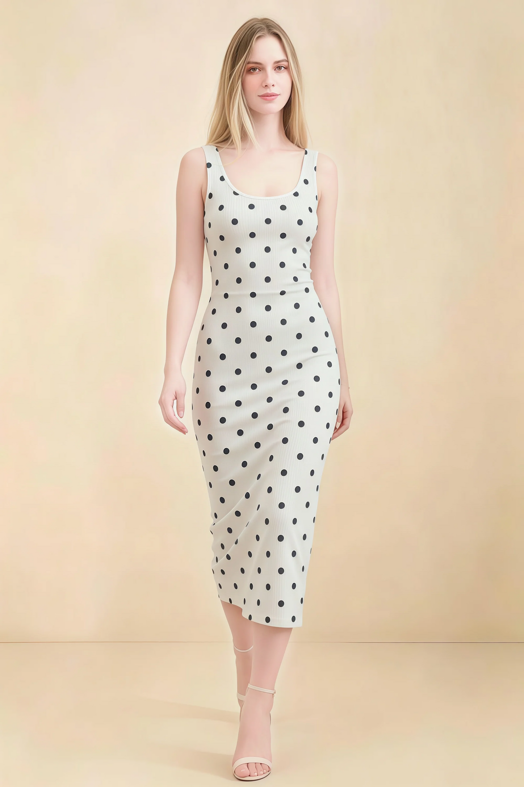 Alvina White Polka Dot Scoop Neck Bodycon Midi Dress