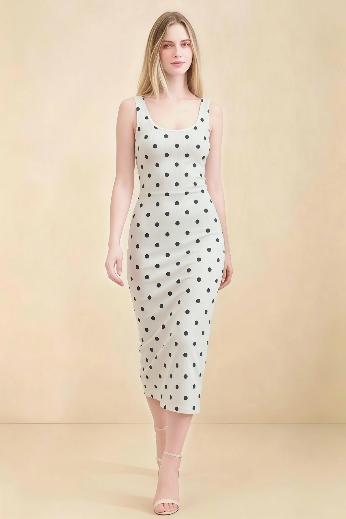 Alvina White Polka Dot Scoop Neck Bodycon Midi Dress