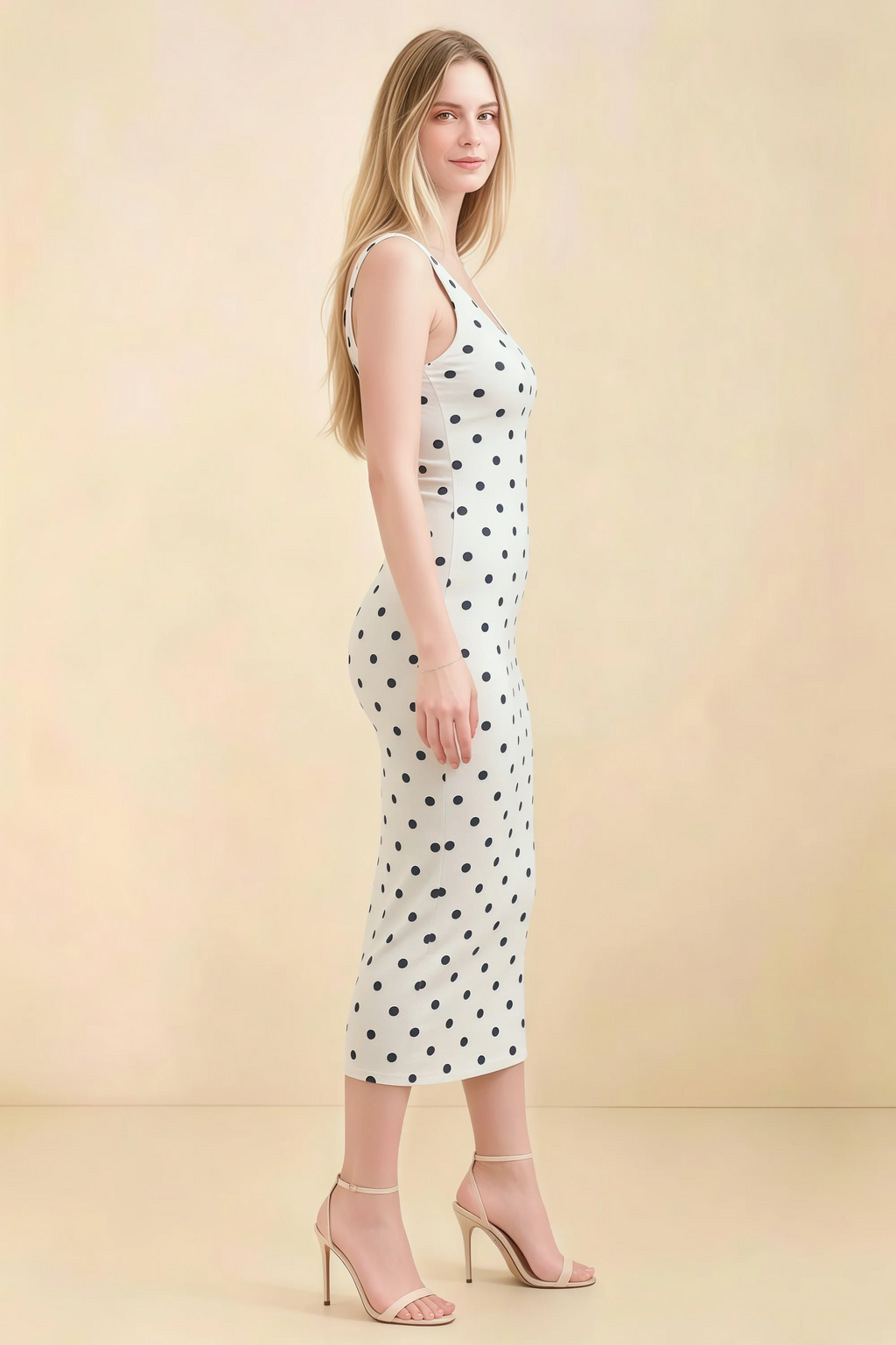 Alvina White Polka Dot Scoop Neck Bodycon Midi Dress
