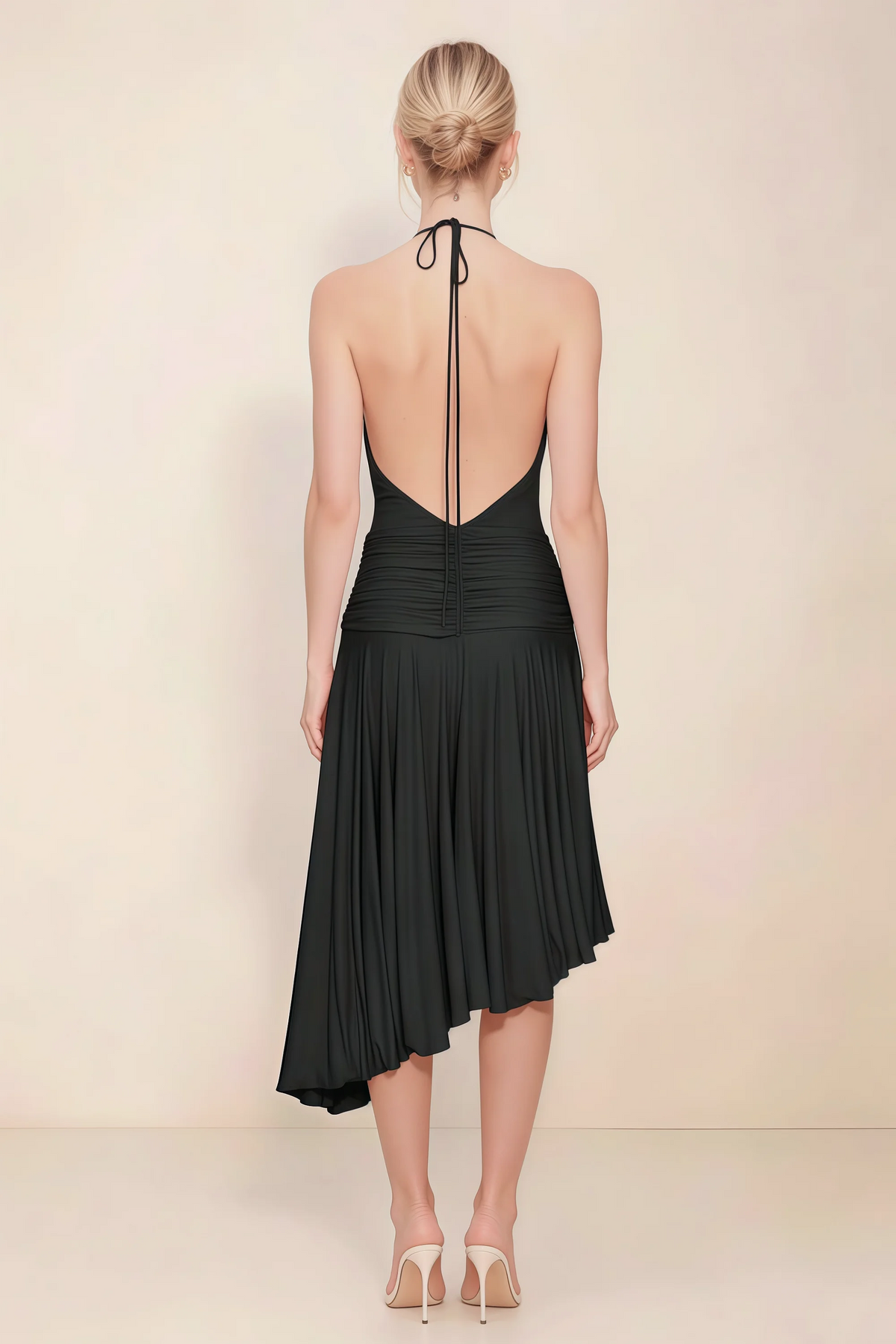 Amalia Black Halter Asymmetric Hem Slinky Midi Dress