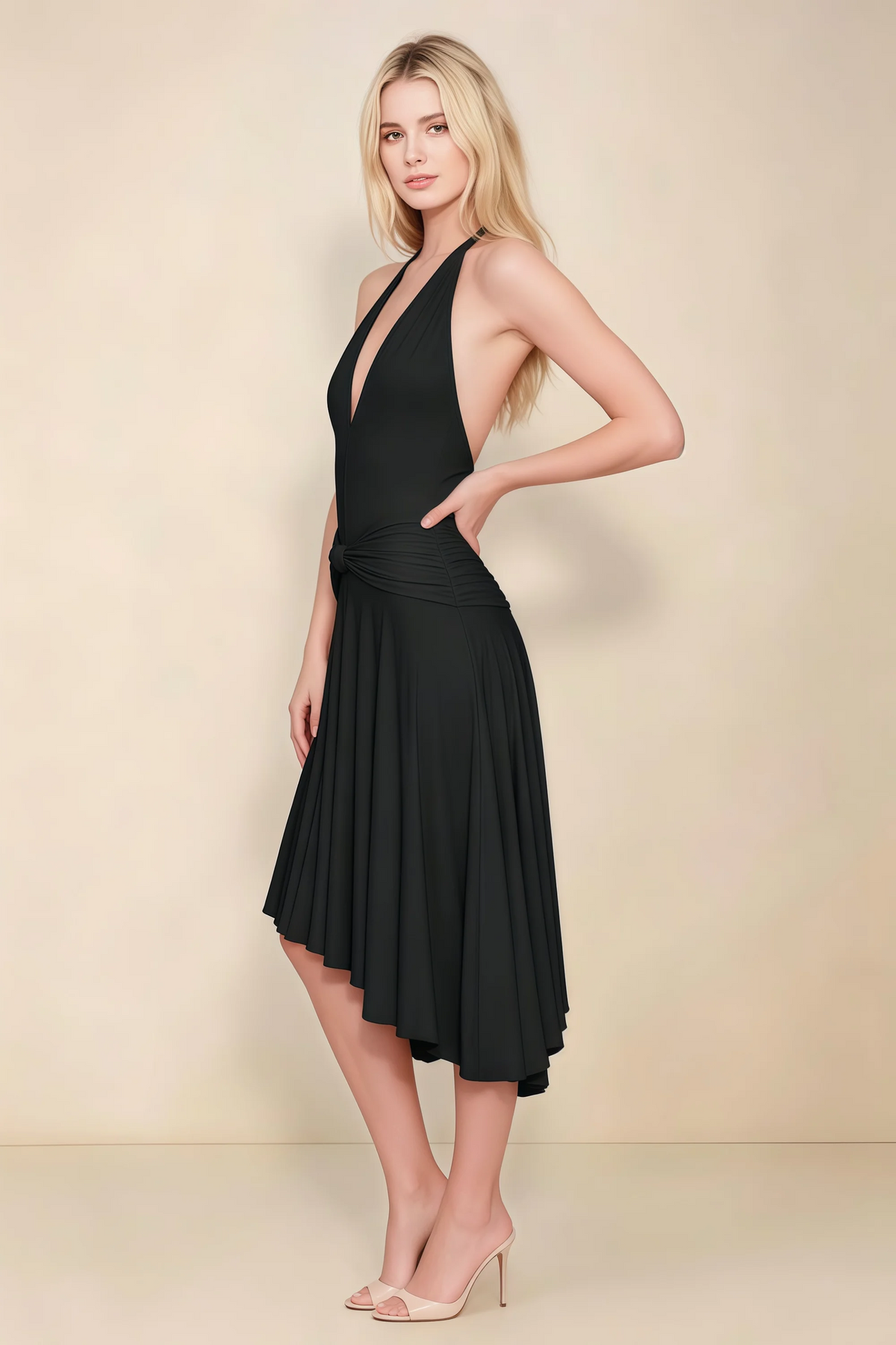 Amalia Black Halter Asymmetric Hem Slinky Midi Dress