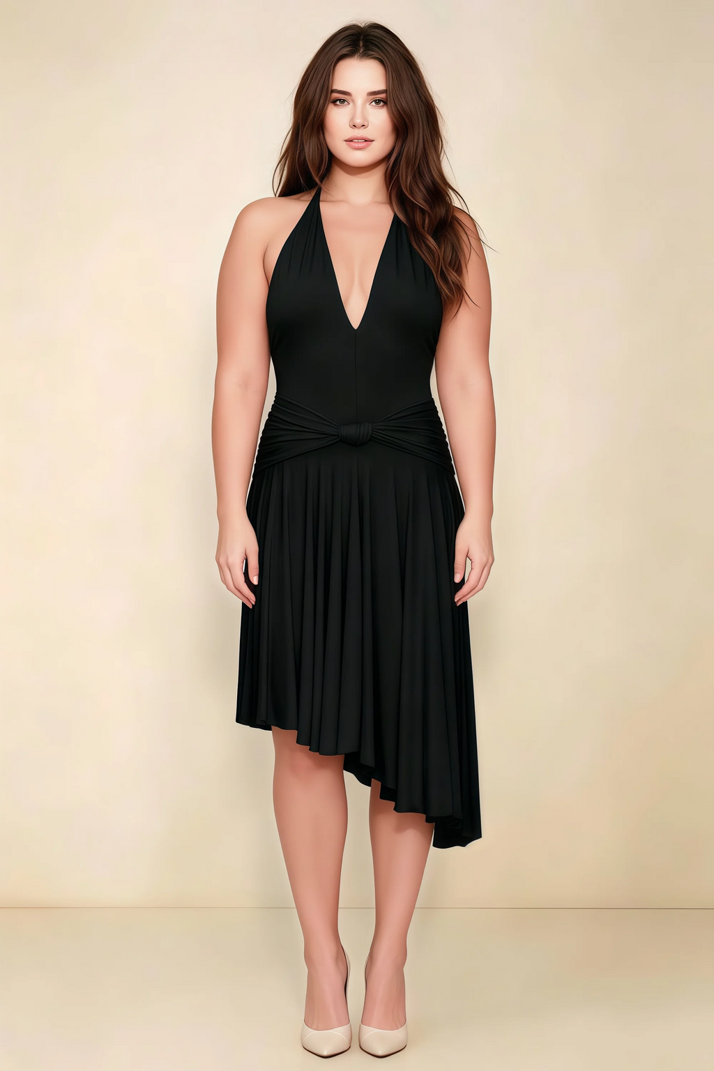 Amalia Black Halter Asymmetric Hem Slinky Midi Dress