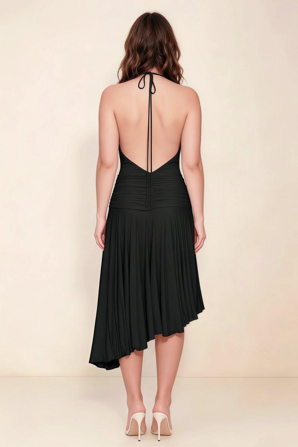 Amalia Black Halter Asymmetric Hem Slinky Midi Dress