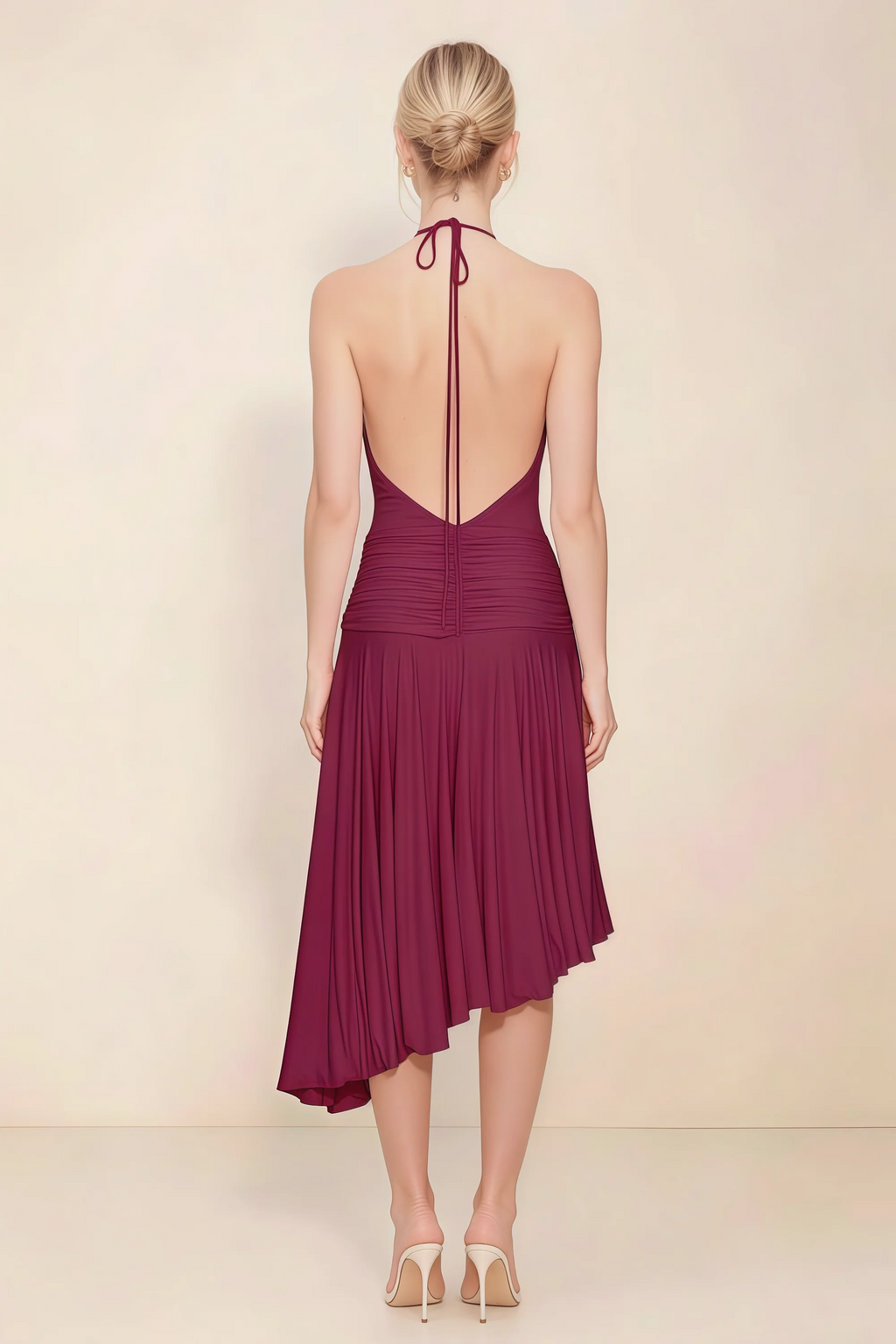 Amalia Burgundy Halter Asymmetric Hem Slinky Midi Dress