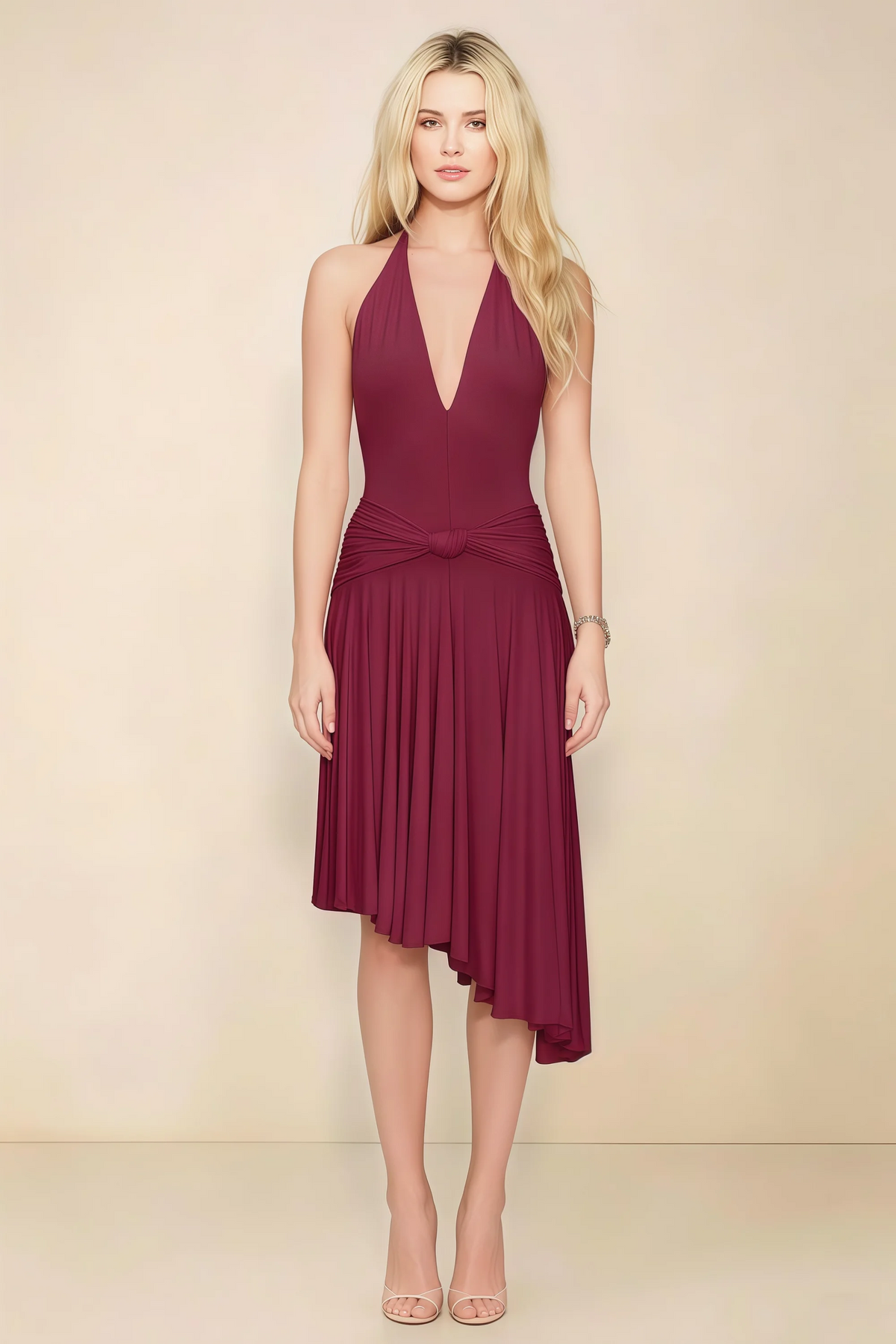 Amalia Burgundy Halter Asymmetric Hem Slinky Midi Dress