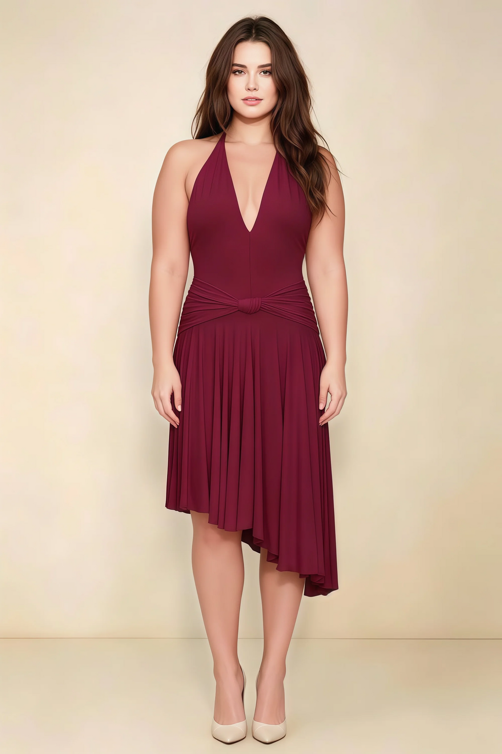 Amalia Burgundy Halter Asymmetric Hem Slinky Midi Dress