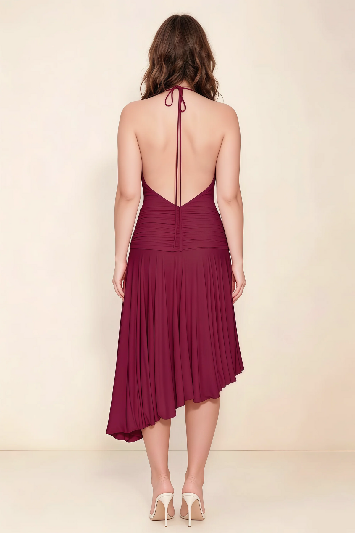 Amalia Burgundy Halter Asymmetric Hem Slinky Midi Dress