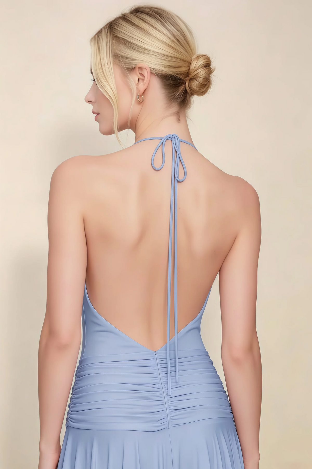Amalia Cornflower Blue Halter Asymmetric Hem Slinky Midi Dress