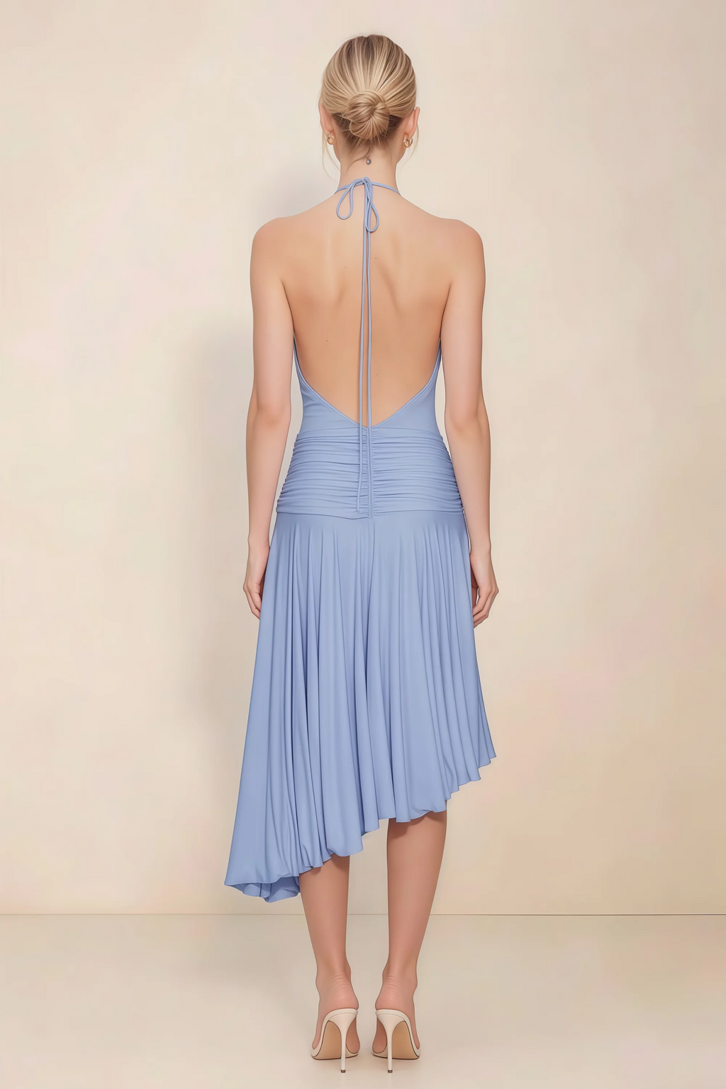 Amalia Cornflower Blue Halter Asymmetric Hem Slinky Midi Dress