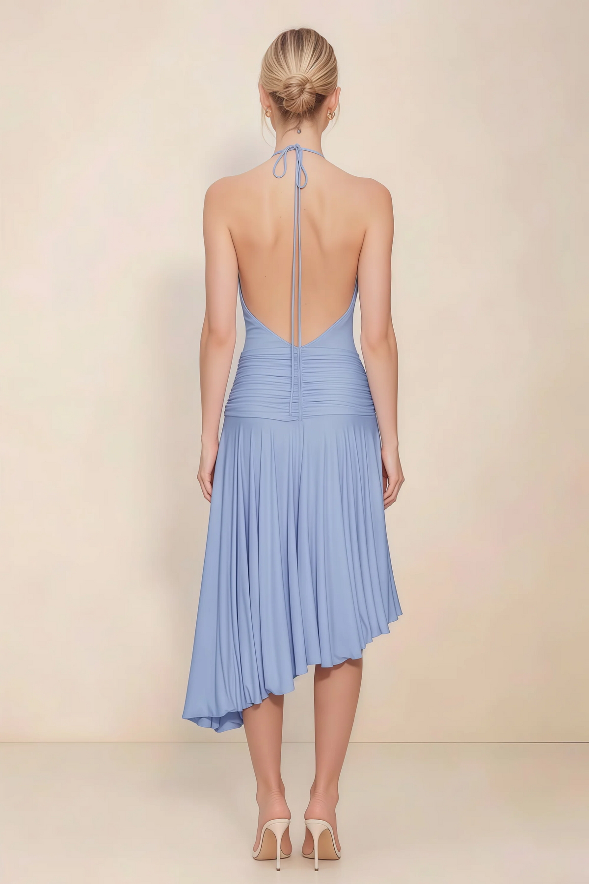Amalia Cornflower Blue Halter Asymmetric Hem Slinky Midi Dress