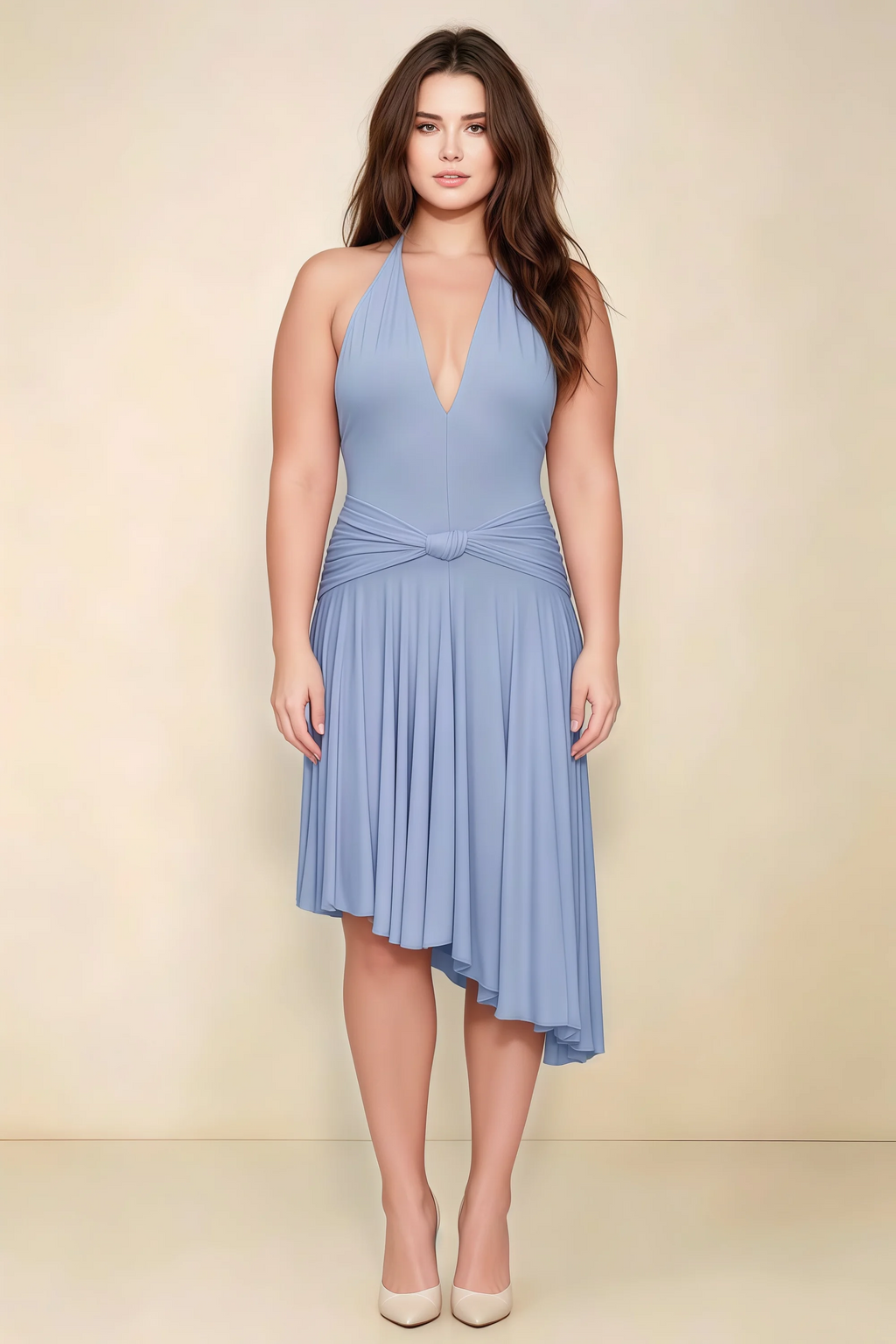 Amalia Cornflower Blue Halter Asymmetric Hem Slinky Midi Dress
