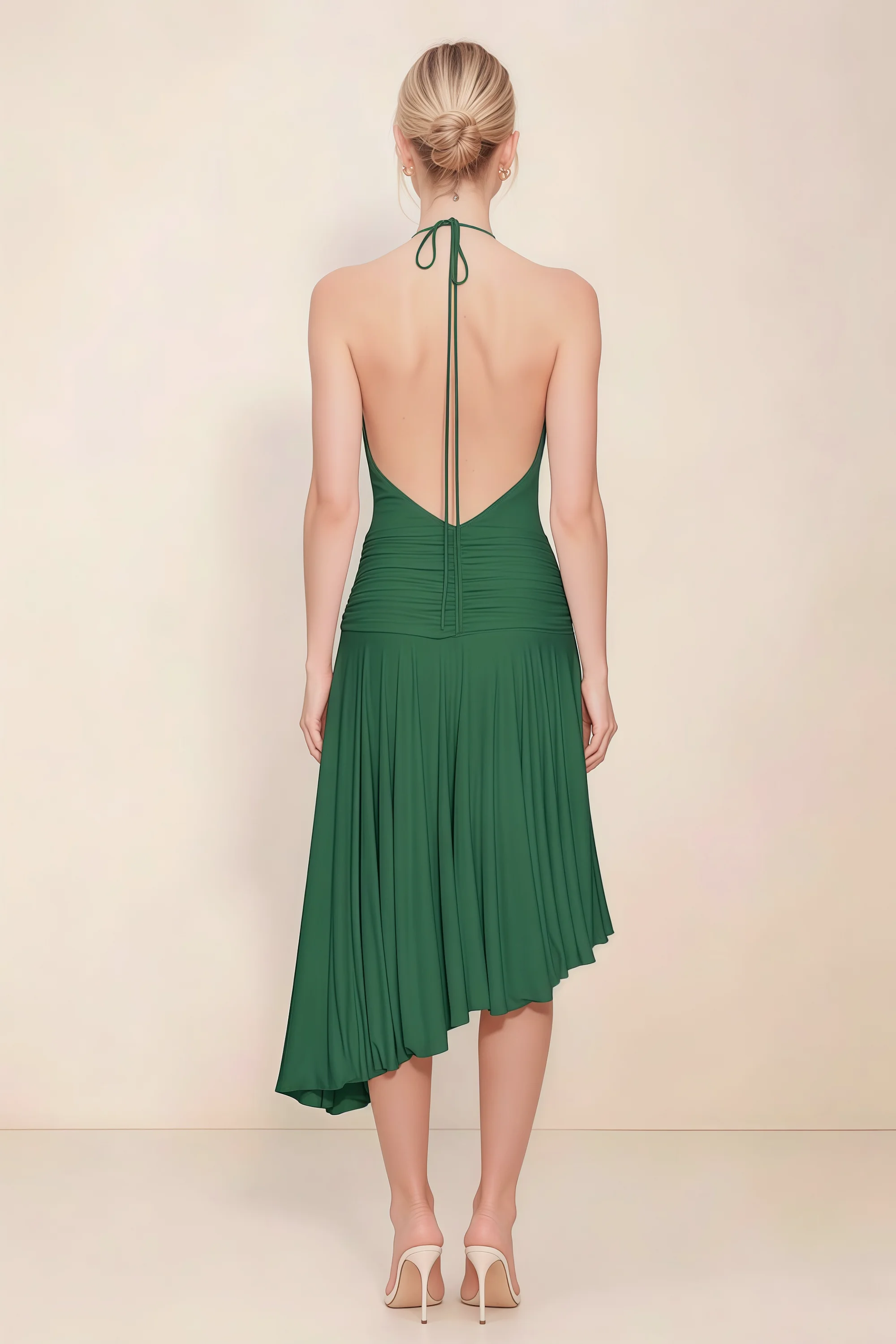 Amalia Dark Green Halter Asymmetric Hem Slinky Midi Dress Imagen secundaria del producto
