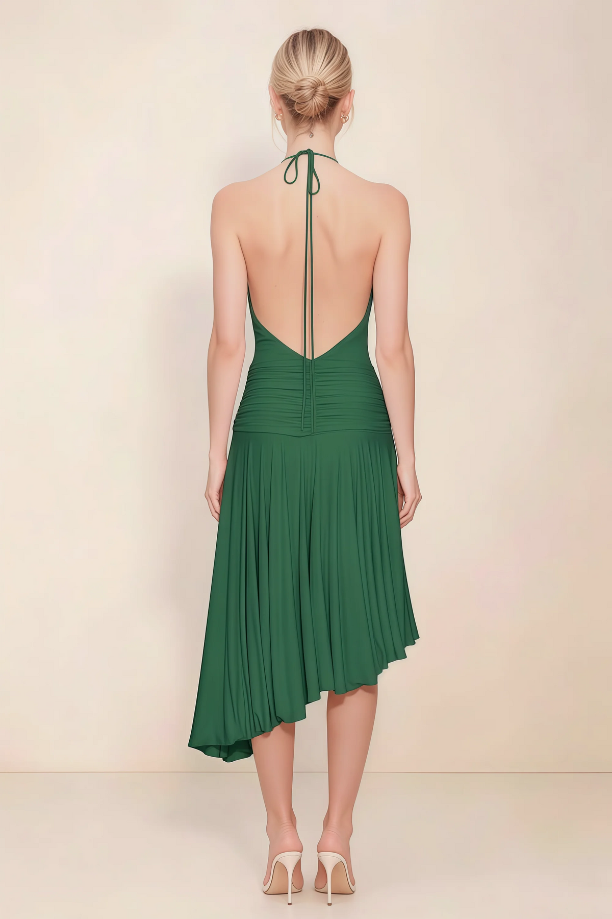 Amalia Dark Green Halter Asymmetric Hem Slinky Midi Dress