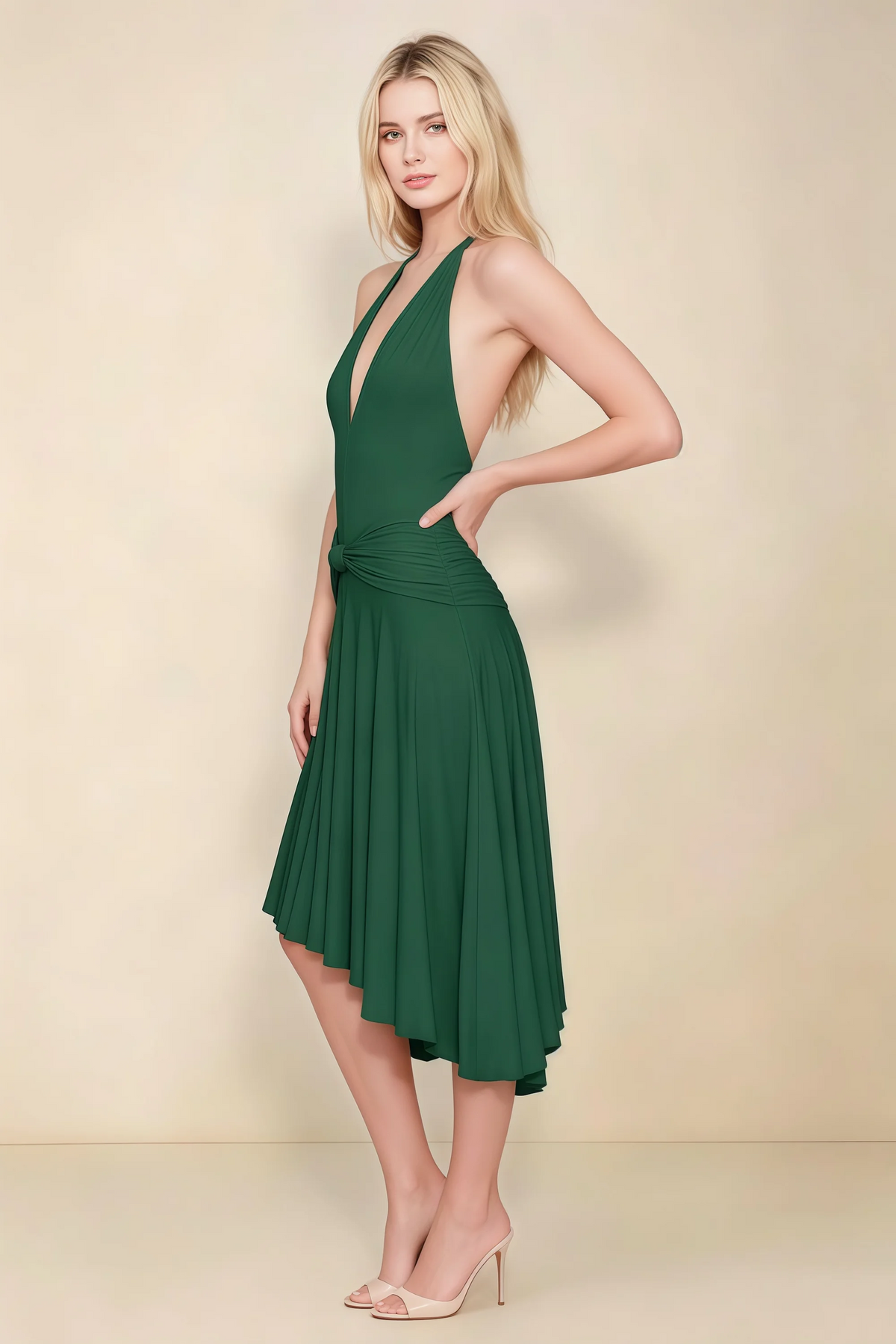 Amalia Dark Green Halter Asymmetric Hem Slinky Midi Dress