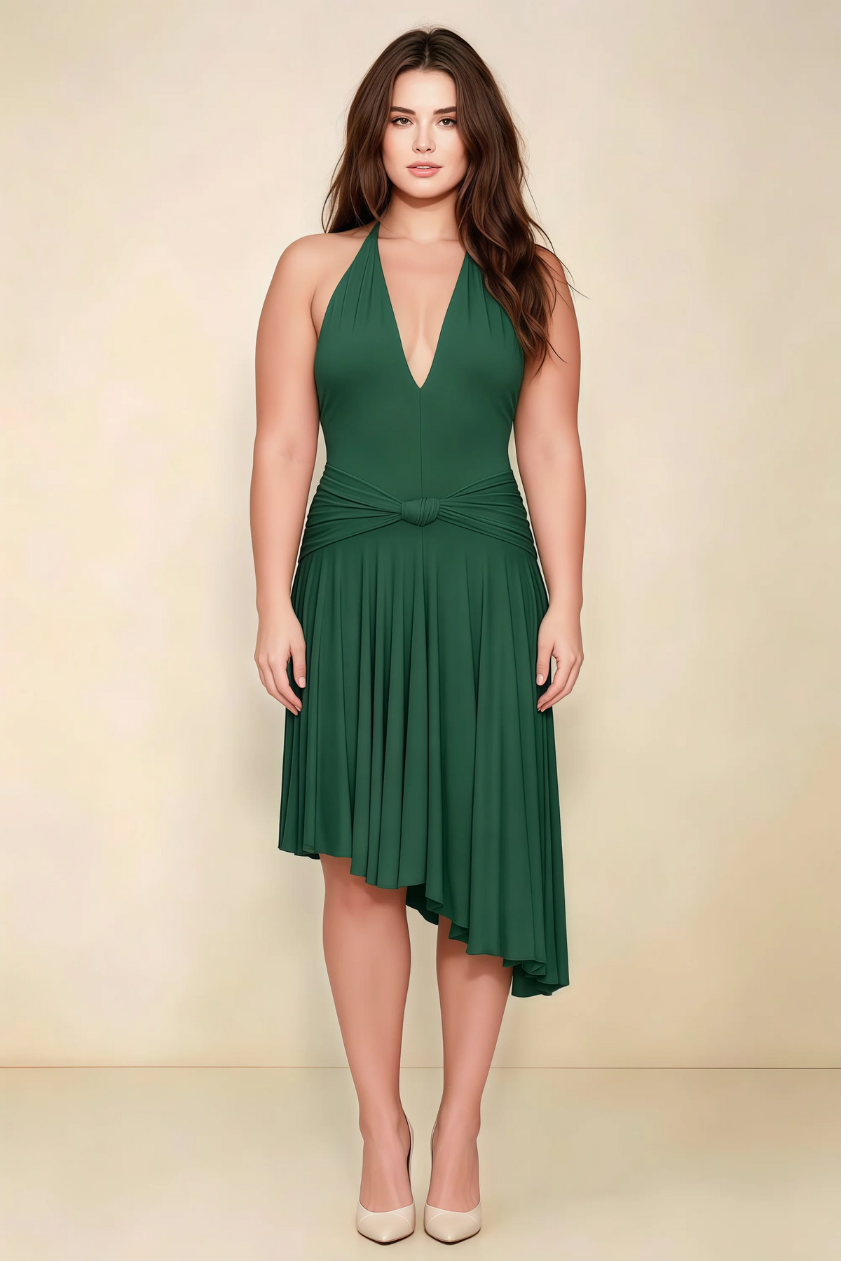 Amalia Dark Green Halter Asymmetric Hem Slinky Midi Dress