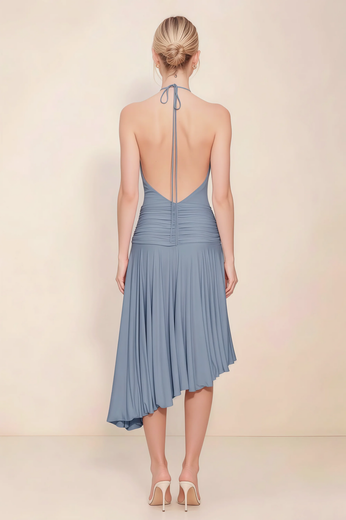 Amalia Dusty Blue Halter Asymmetric Hem Slinky Midi Dress