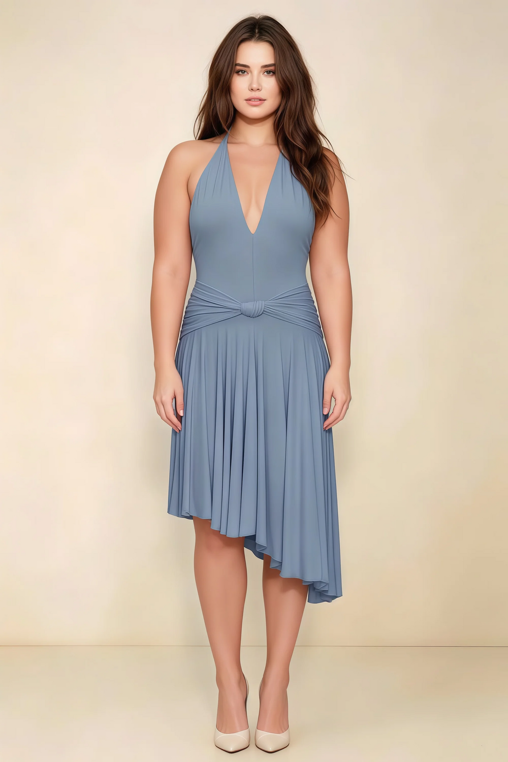 Amalia Dusty Blue Halter Asymmetric Hem Slinky Midi Dress