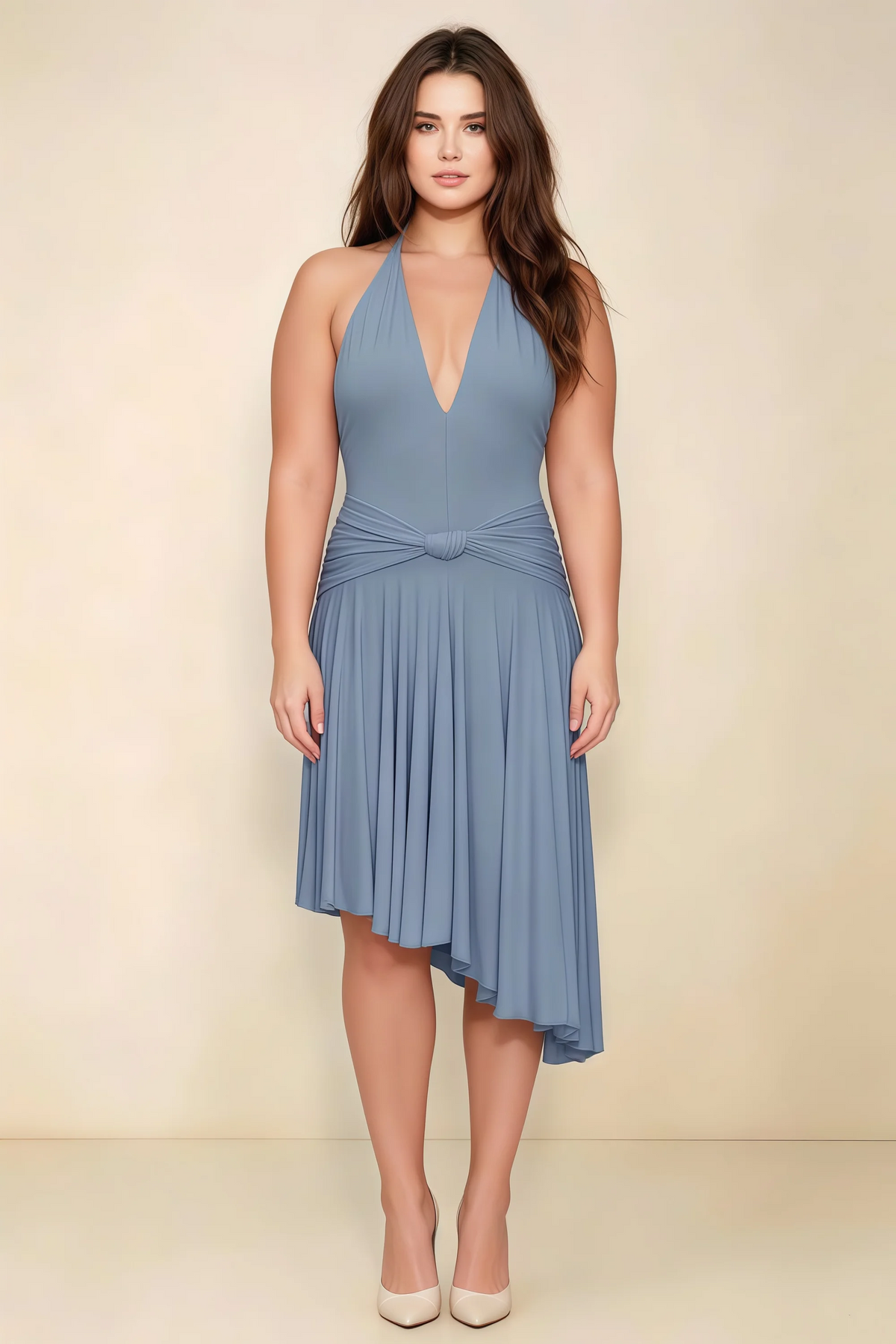 Amalia Dusty Blue Halter Asymmetric Hem Slinky Midi Dress