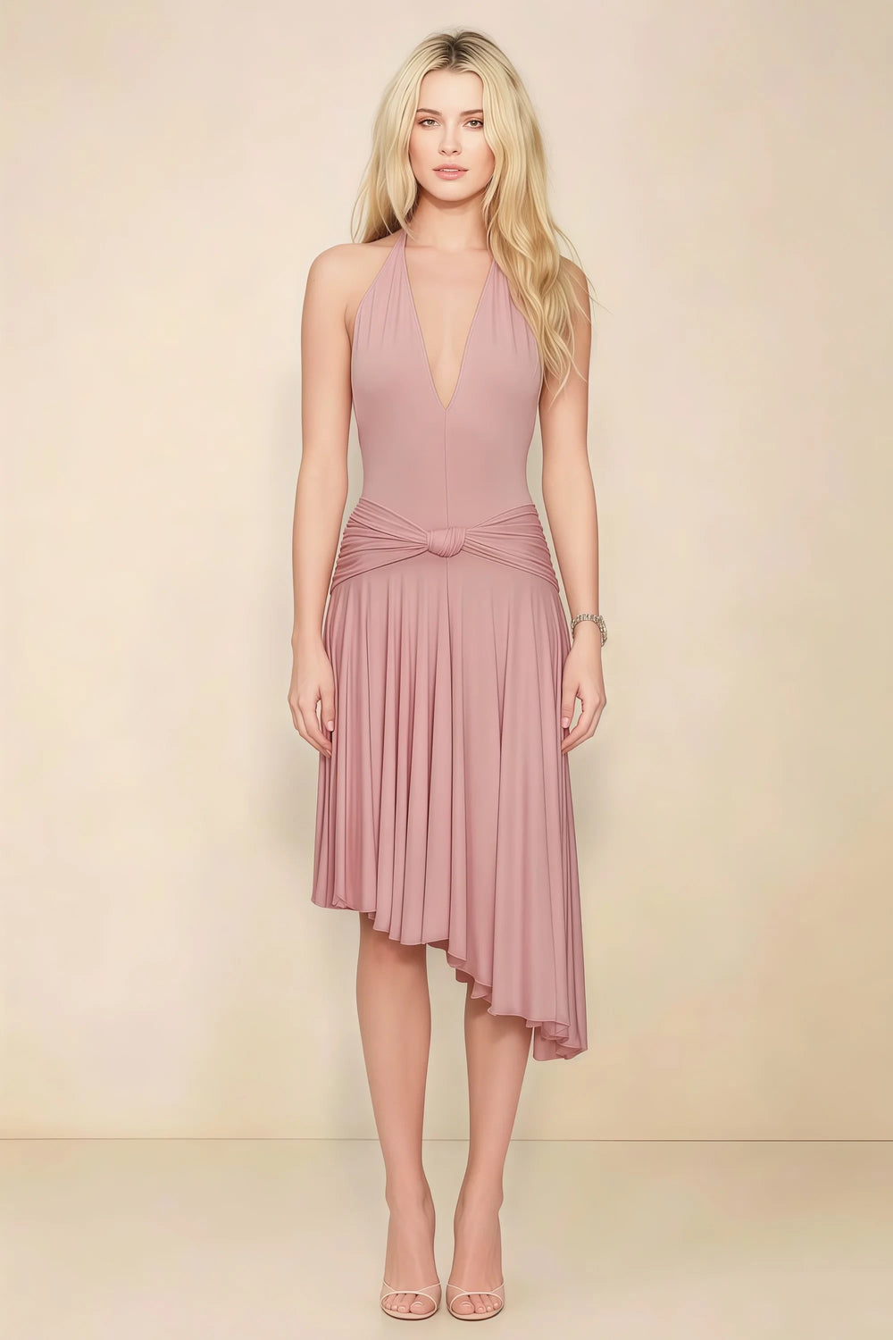Translation missing: en.Full-length view of the LVLVS Amalia dusty rose midi dress, showing the deep V halter neckline, twisted waist detail and asymmetric pleated skirt. content.product_image_main