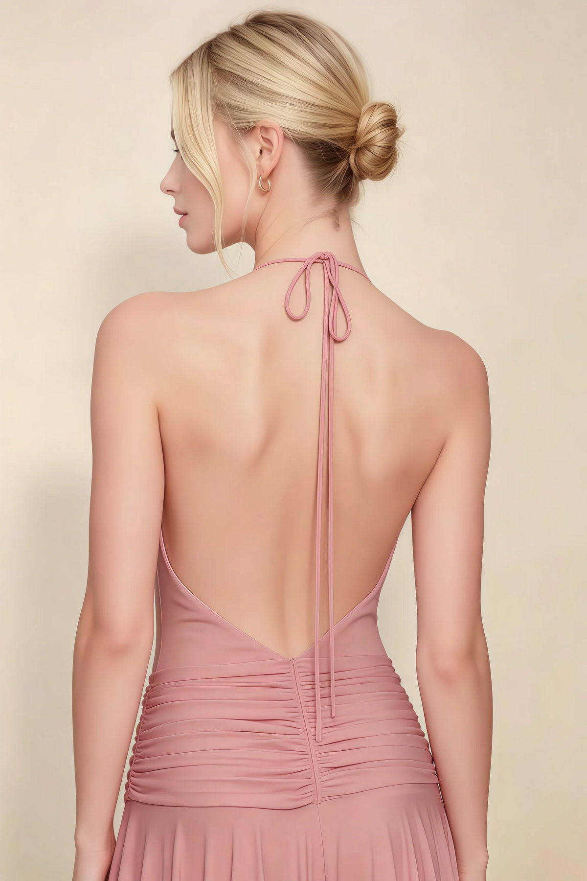 Amalia Dusty Rose Halter Asymmetric Hem Slinky Midi Dress