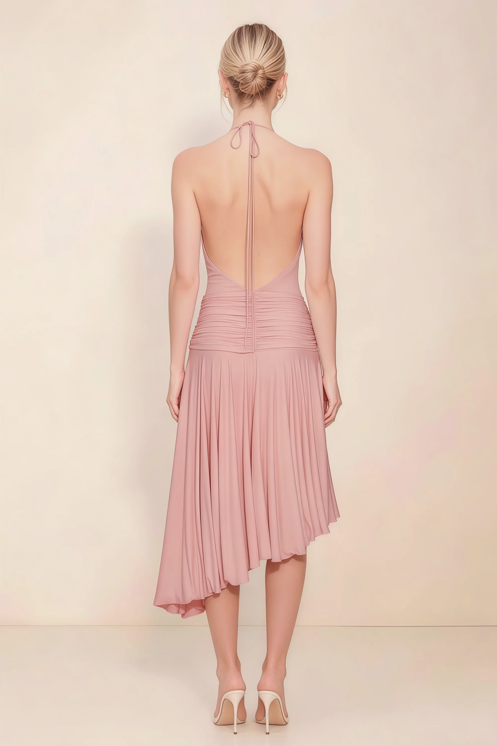 Amalia Dusty Rose Halter Asymmetric Hem Slinky Midi Dress
