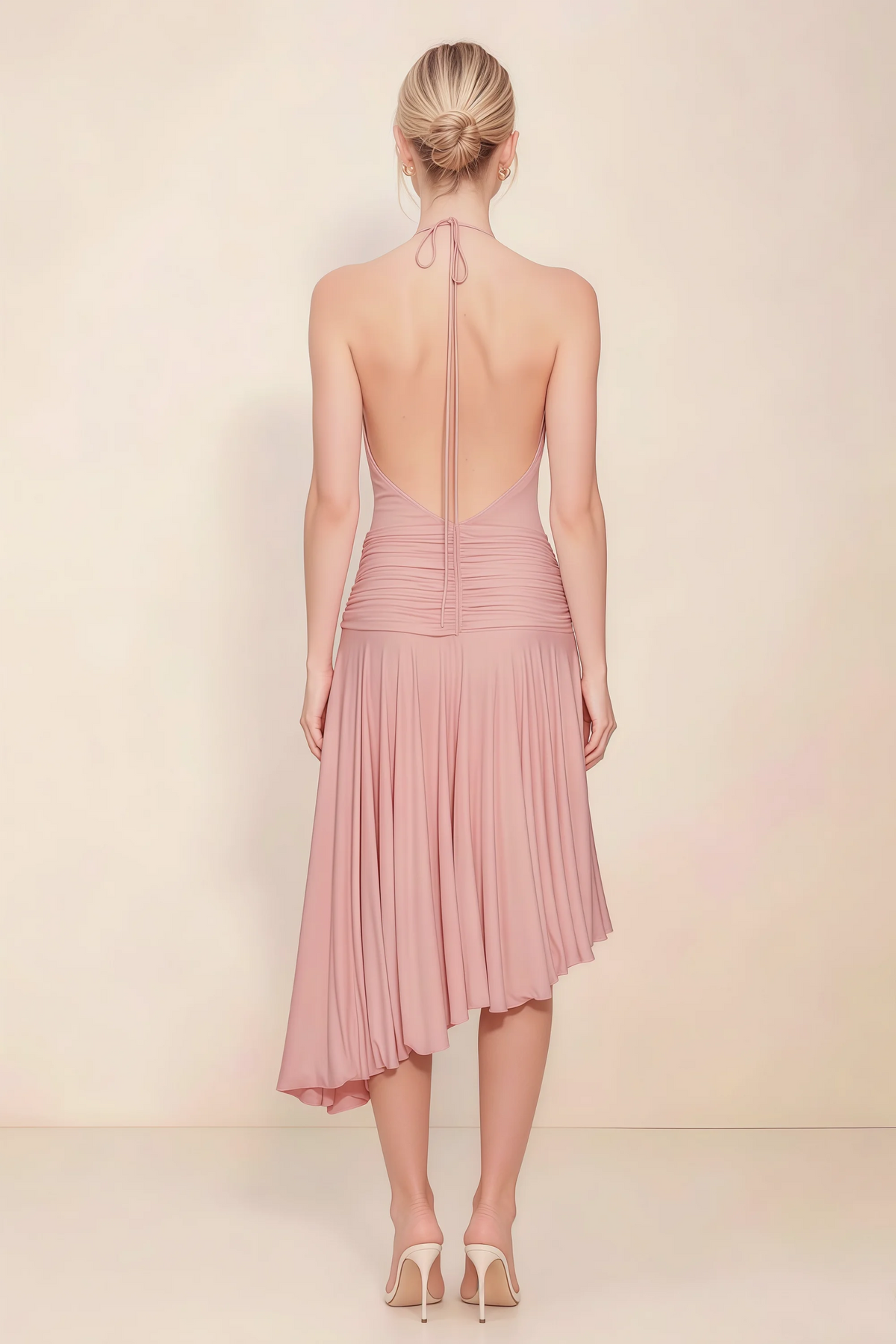 Amalia Dusty Rose Halter Asymmetric Hem Slinky Midi Dress