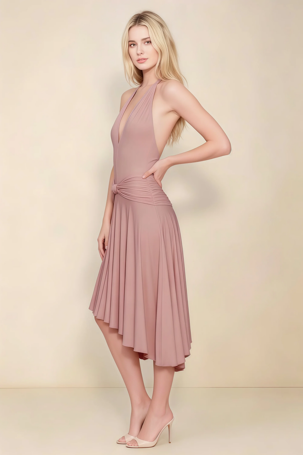 Amalia Dusty Rose Halter Asymmetric Hem Slinky Midi Dress