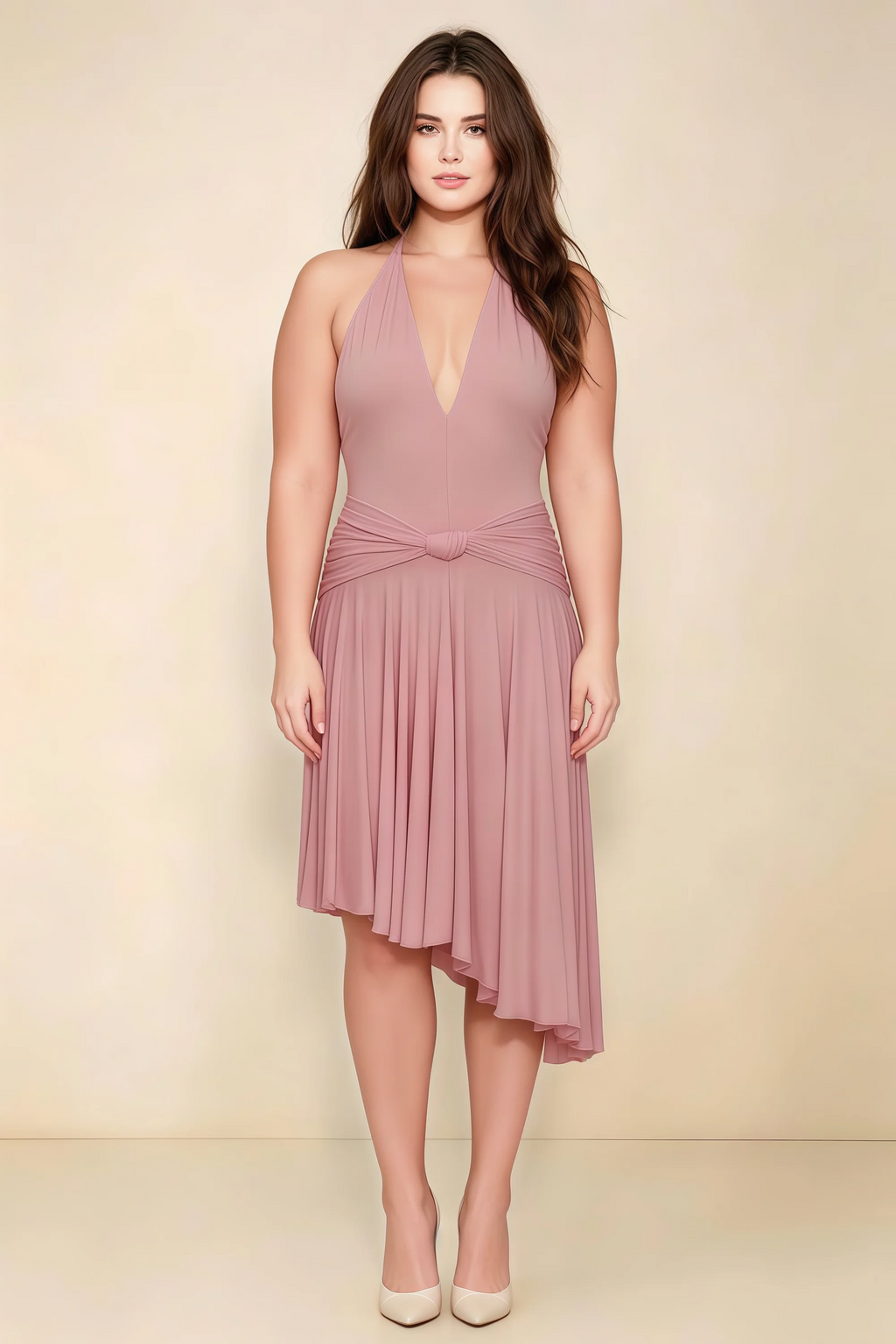 Amalia Dusty Rose Halter Asymmetric Hem Slinky Midi Dress