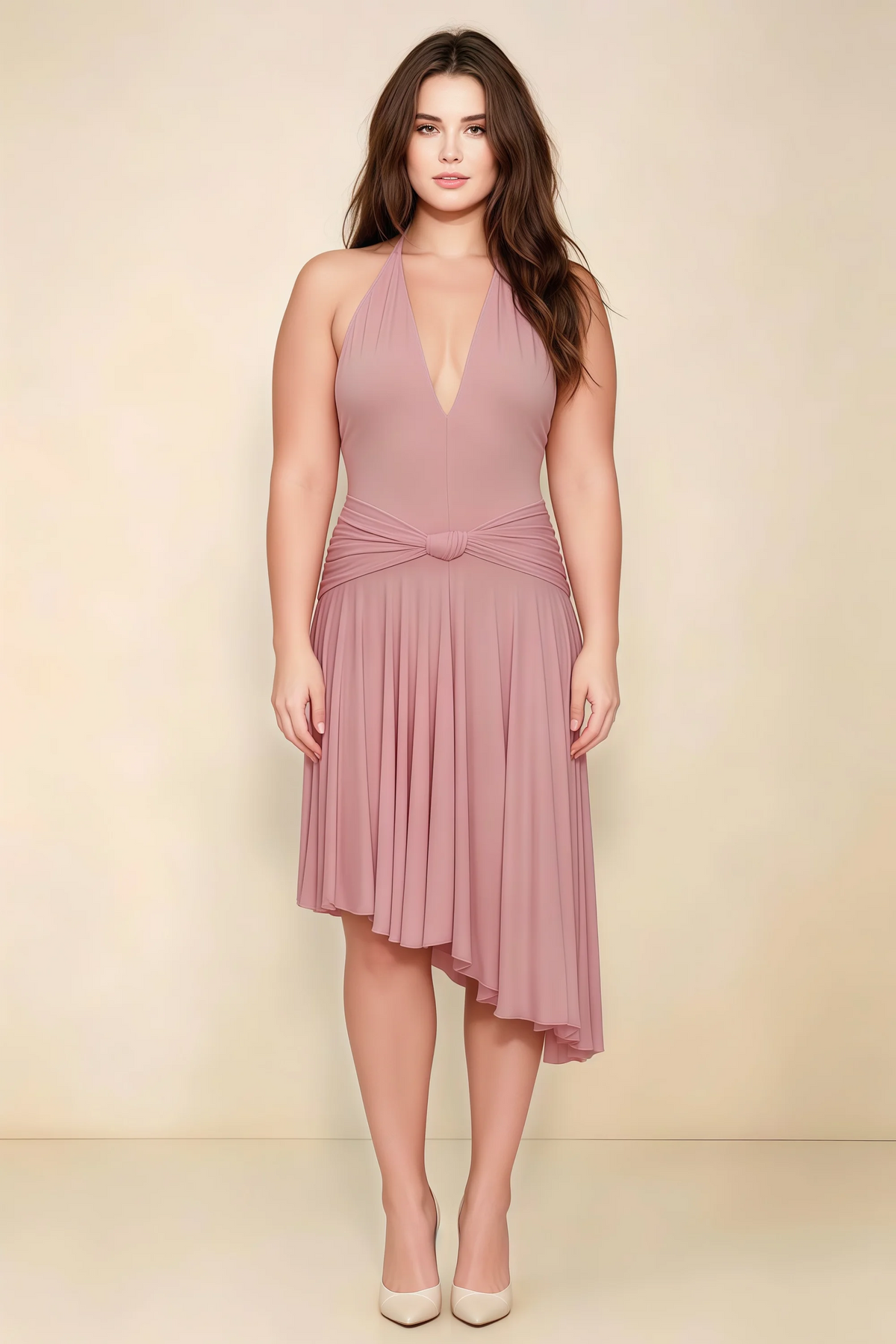 Amalia Dusty Rose Halter Asymmetric Hem Slinky Midi Dress